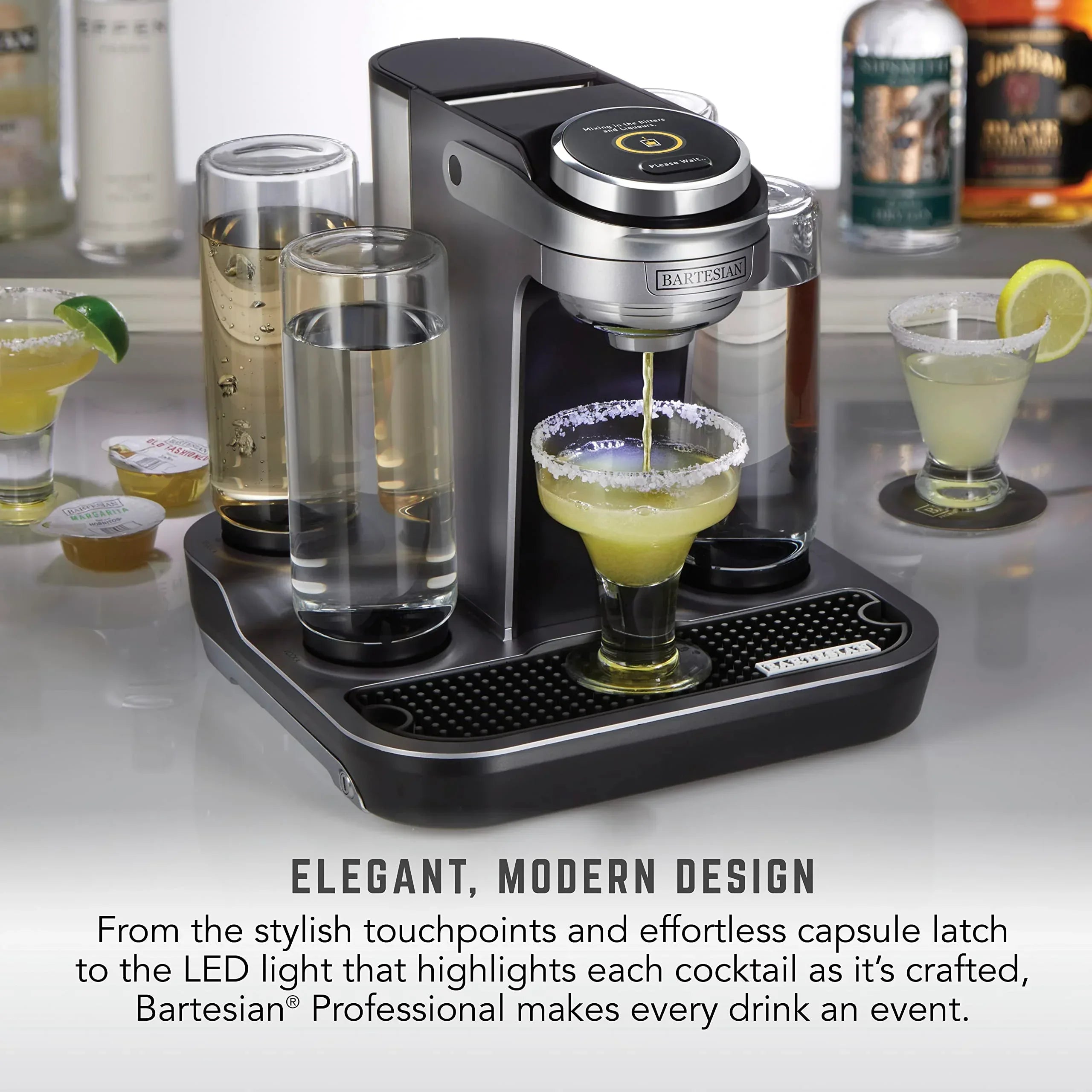 Bartesian Professional Cocktail Machine and Margarita Maker - High Capacity Bar Cocktail Mixer with 5 Premium Glass Bottles for Parties and Entertaining - Push-Button Technology and Easy Clean Design - Unique Gift Market