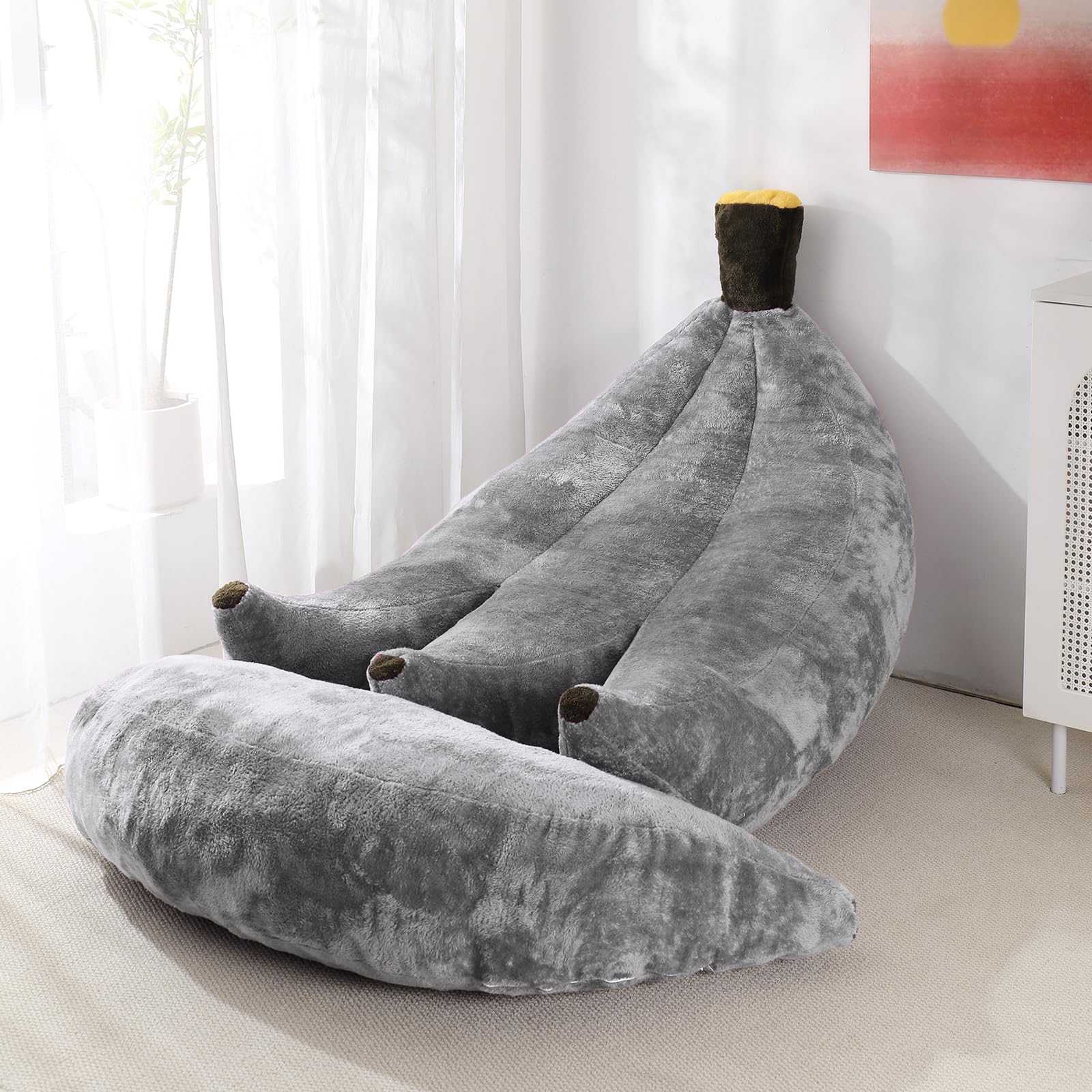 Banana Bean Bag Chair with Ottoman, Floor Sofa Bed with Footrest, Comfy Convertible Lounger for Teens & Adults, Plush Couch for Bedroom, Living Room or Dorm, M-Yellow