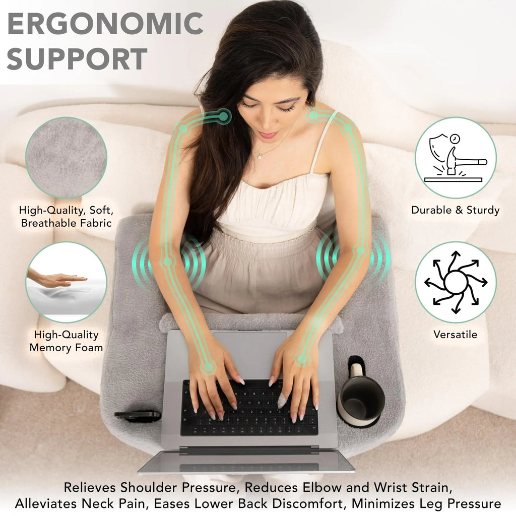 Reading Pillow for Gaming – Extra Large Lap Desk & Arm Rest with Cup & Phone Holder, Adjustable Heights, Laptop Support, Large Pockets – Comfortable for Work, Gaming & Crocheting (Furry Grey) - Unique Gift Market