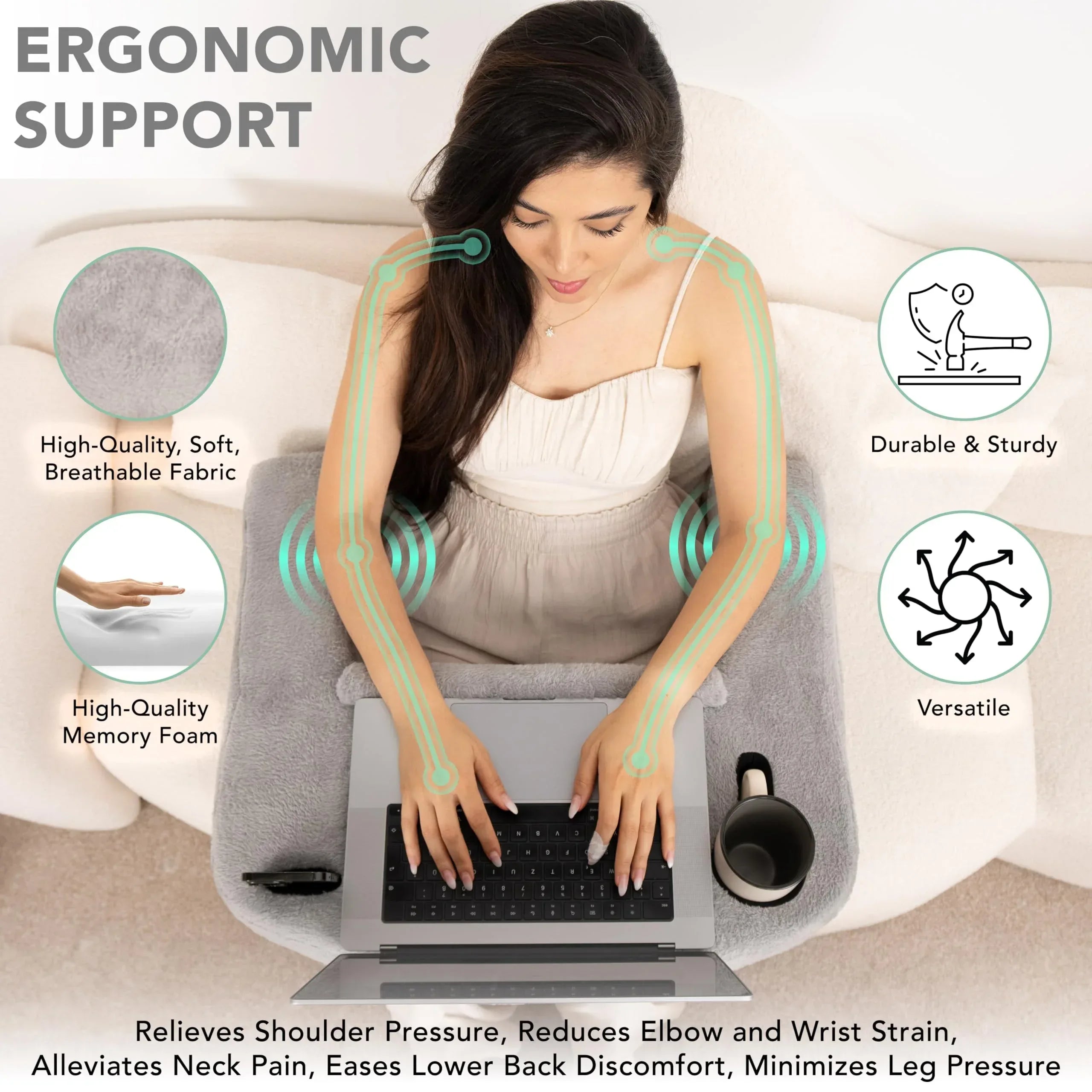 Reading Pillow for Gaming – Extra Large Lap Desk & Arm Rest with Cup & Phone Holder, Adjustable Heights, Laptop Support, Large Pockets – Comfortable for Work, Gaming & Crocheting (Furry Grey) - Unique Gift Market