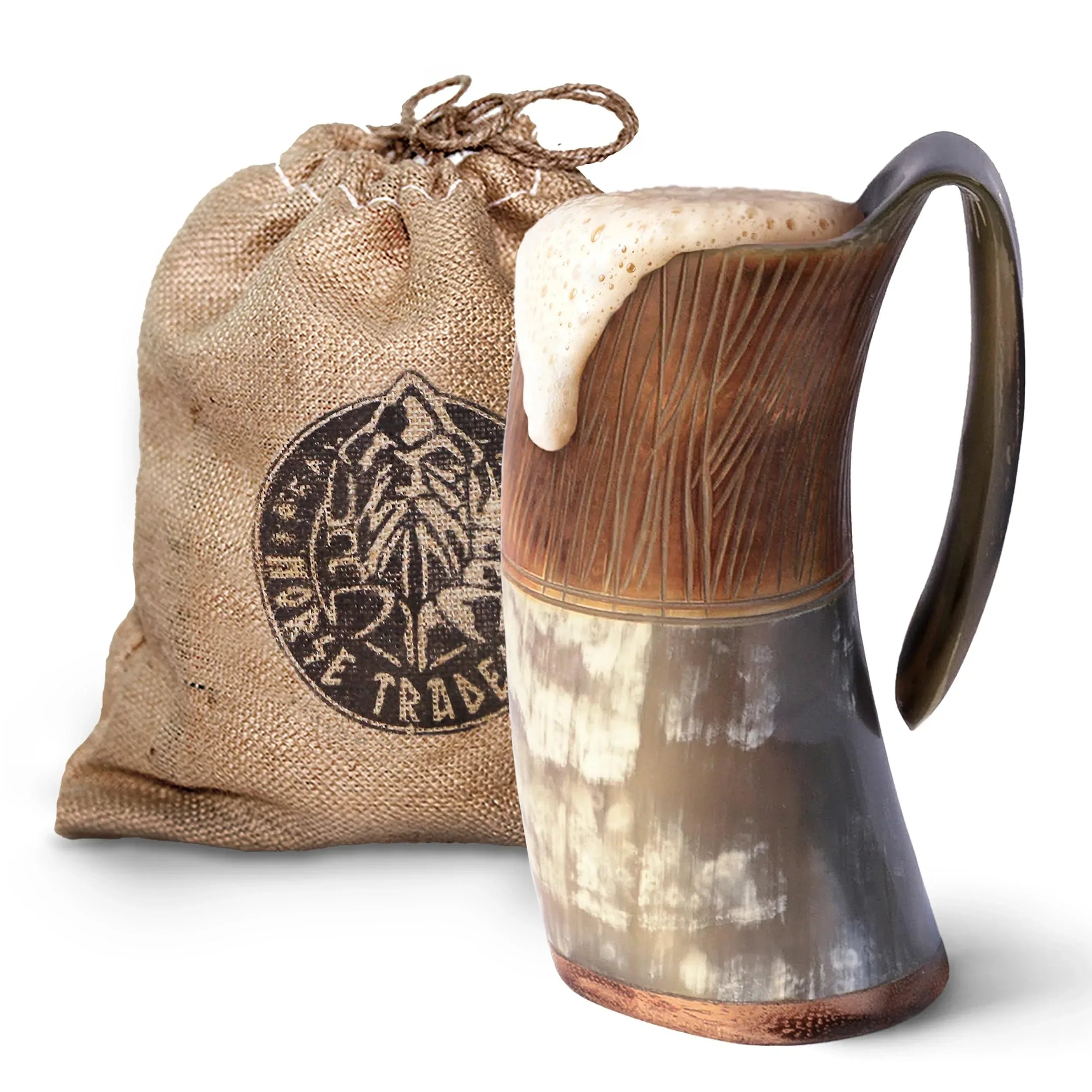 Norse Tradesman Original LG Viking Drinking Horn Mug - 100% Authentic Beer Horn Tankard With Natural Surface & Burlap Gift Sack | The Original, Low Polish, approx. 16 oz - Unique Gift Market