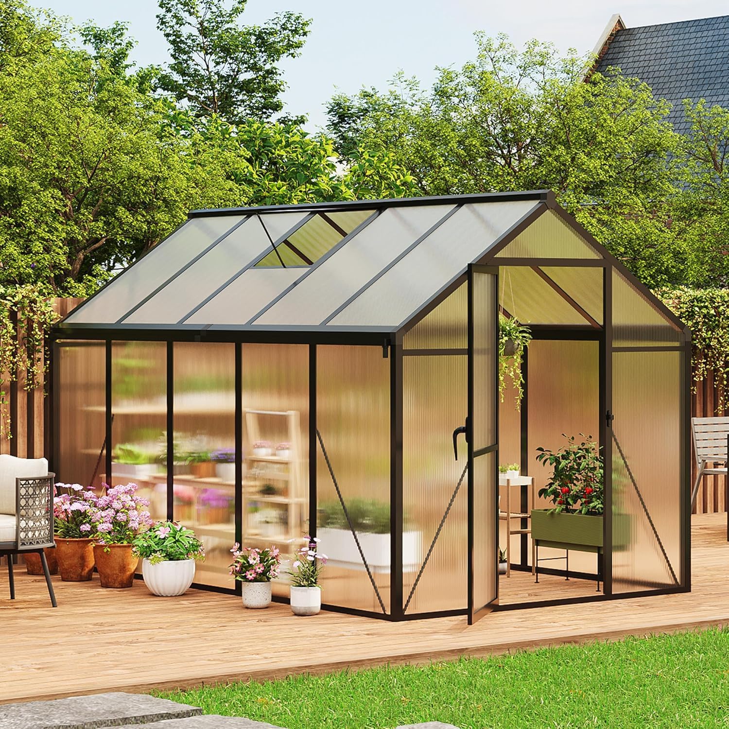6×8FT Greenhouses for Outdoors, Aluminum Polycarbonate Greenhouses with Roof Vent - Heavy-Duty Walk-in Green Houses for All-Season Backyard Gardening