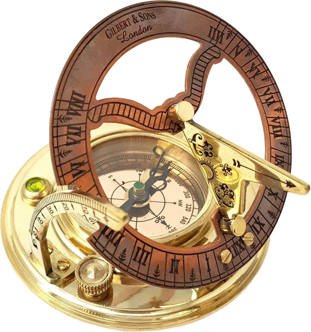 Brass Nautical - Antique Brass & Copper Sundial Compass, Sundial Clock in Box Gift Sun Clock Ship Replica Watch - Unique Gift Market