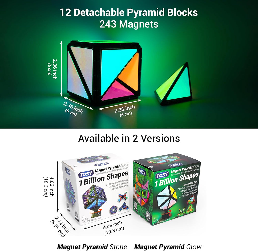 TOSY Magnet Pyramid Glow - 1 Cube Transforms into 1 Billion Shapes (Bunny, Egg Basket, Flowers, Heart), Easter Birthday Gift, 12 pcs, 243 Magnets, Glowing, Holographic Design, Puzzle/STEM Toy