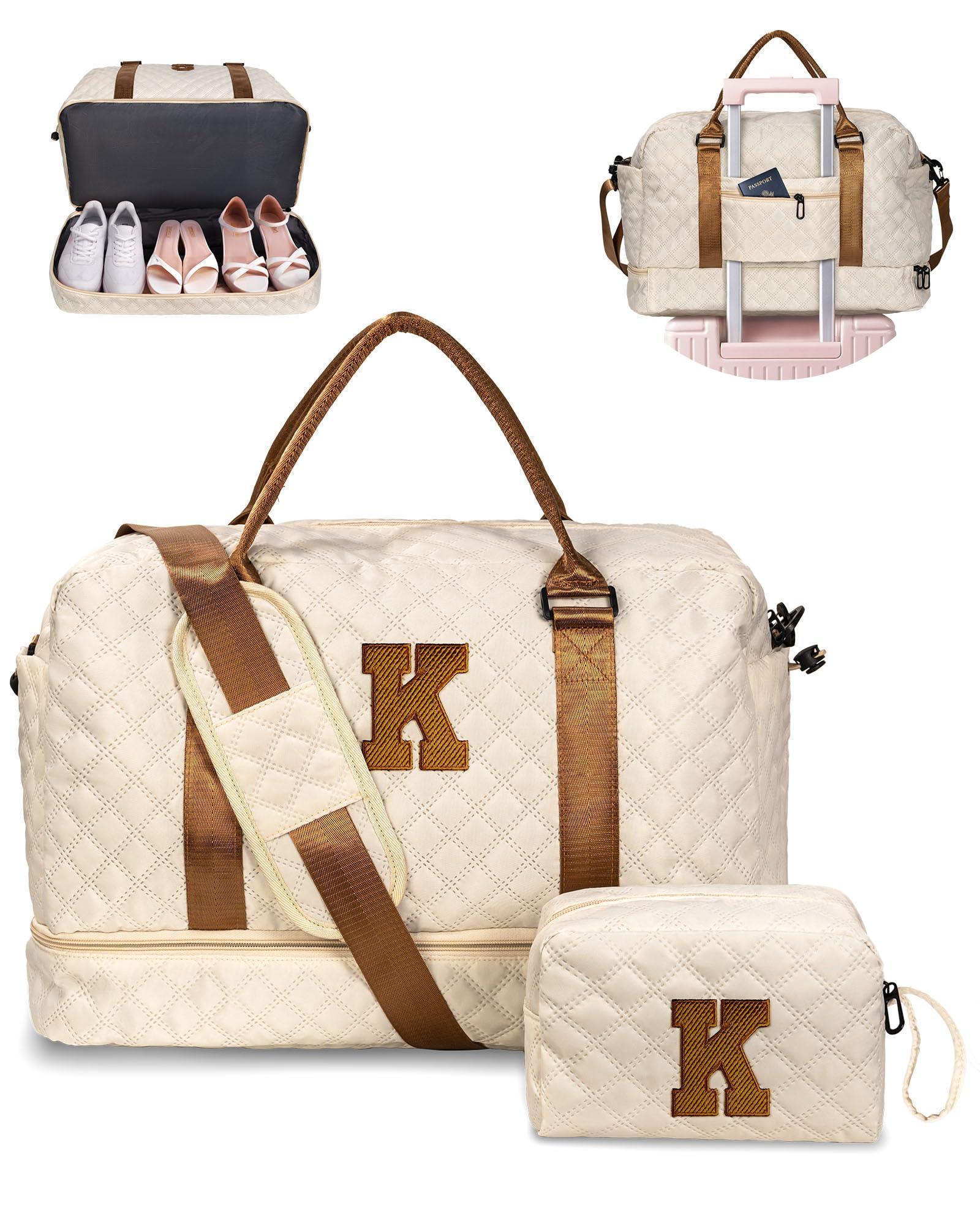 Birthday Gift-Initial Duffle Bag with Shoe Compartment, Personalized Weekender Bag, Monogram Overnight Bag for Women with Trolley Sleeve & Wet Pocket, Travel Bag with Makeup Bag (Letter K) - Unique Gift Market