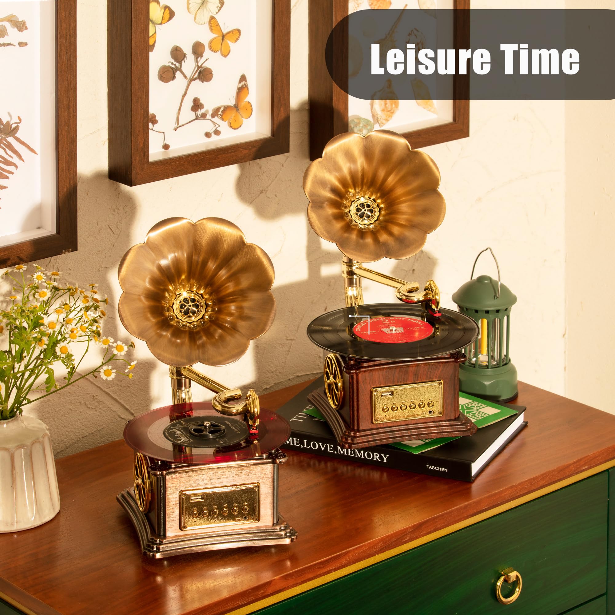 Mini Gramophone Vintage Copper Horn Record Player with Bluetooth, USB, AUX, FM Radio and Built-in Speakers for Gift Home Decor