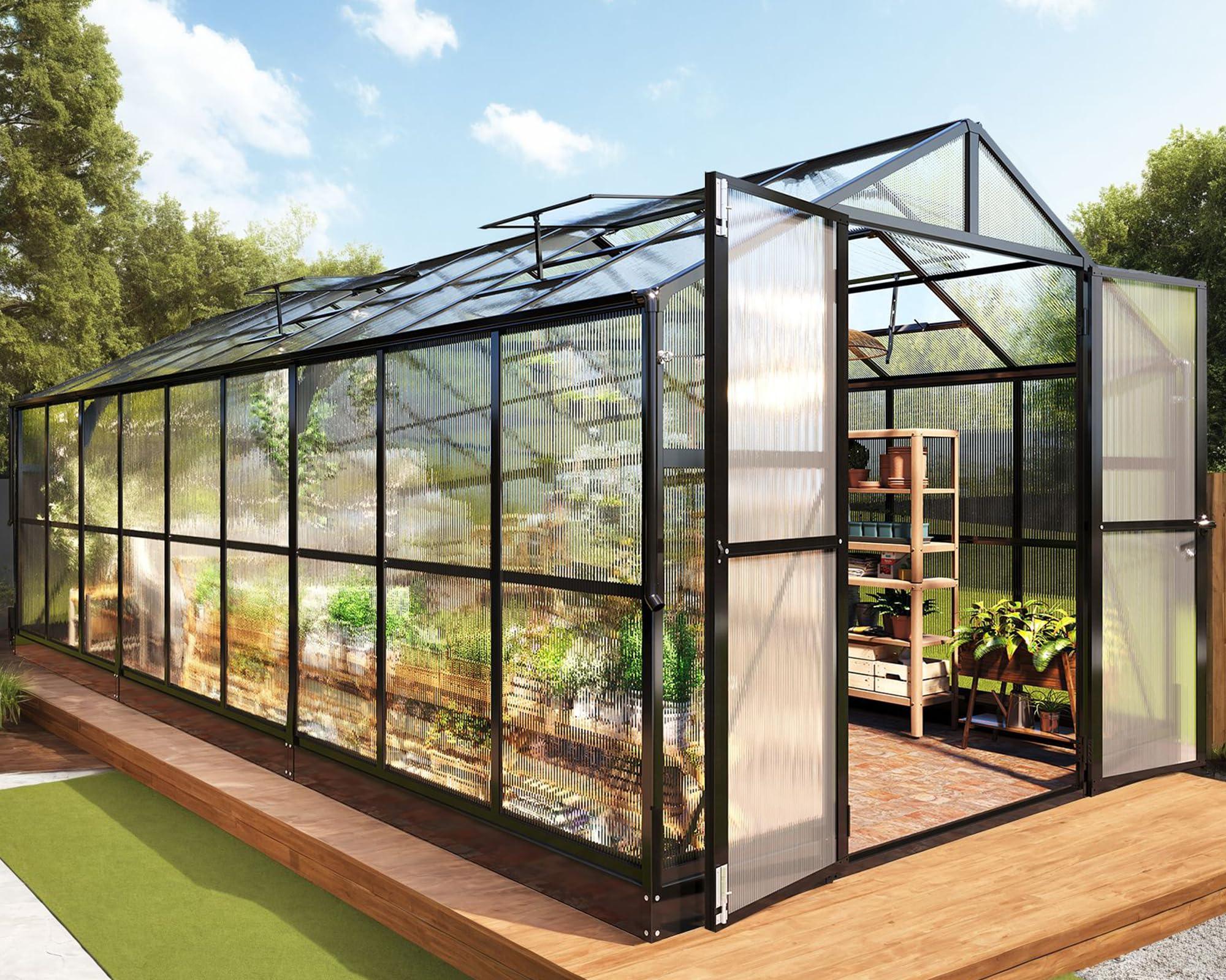 Jocisland 8x12x7.5 FT Greenhouse - Outdoor Aluminum Polycarbonate Greenhouse with Ventilation and Rain Gutter, 4 Swing Doors with Hook, Walk in Greenhouse for Outdoors Backyard Garden, Black - Unique Gift Market