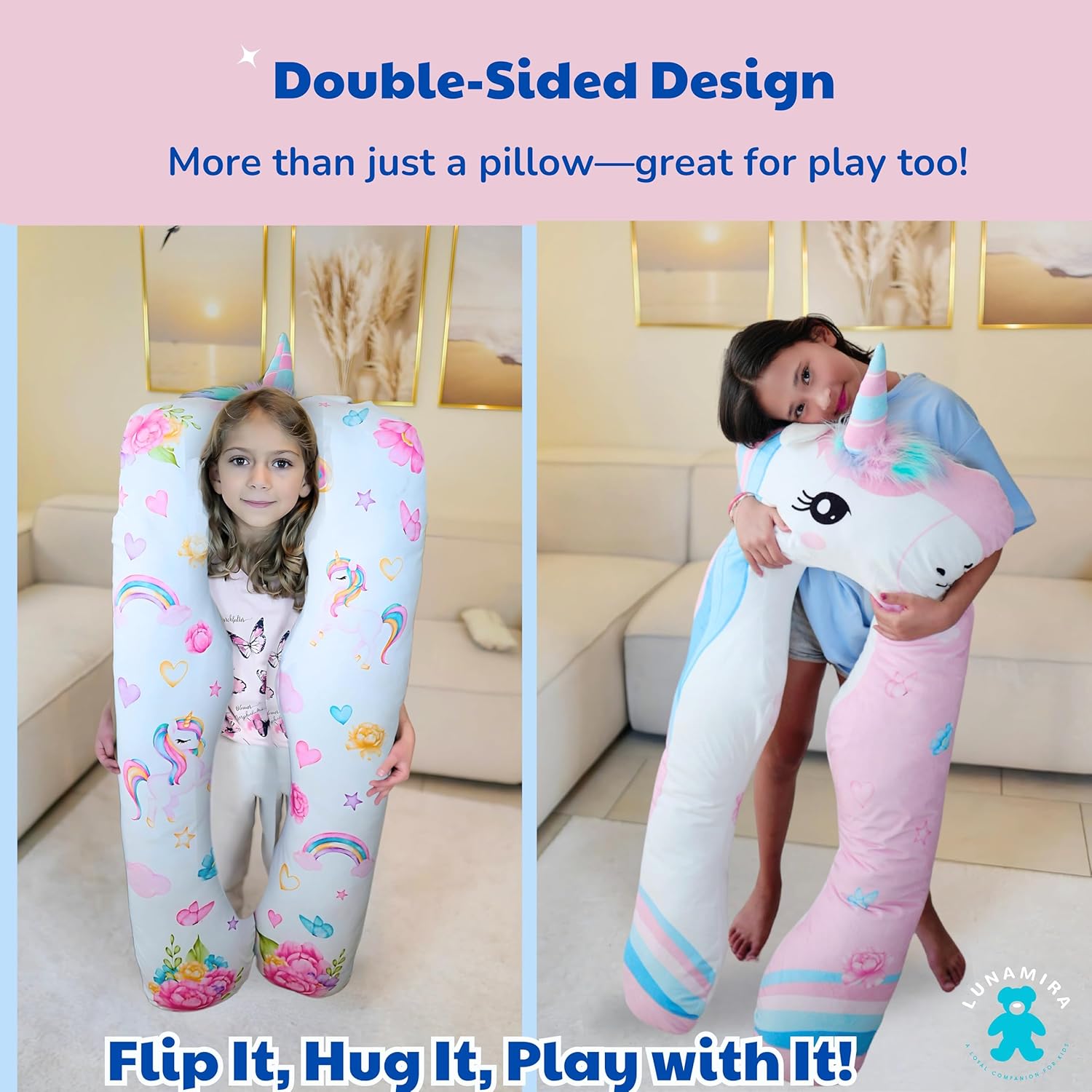 LUNAMIRA Unicorn Kids Body Pillow - 47" U-Shape Long Plush Soft Animal Pillow for Toddlers, Sleeping, Reading, ADHD & Special Needs Comfort, Anxiety, Washable Cover, Snuggle Cuddle for Boys & Girls