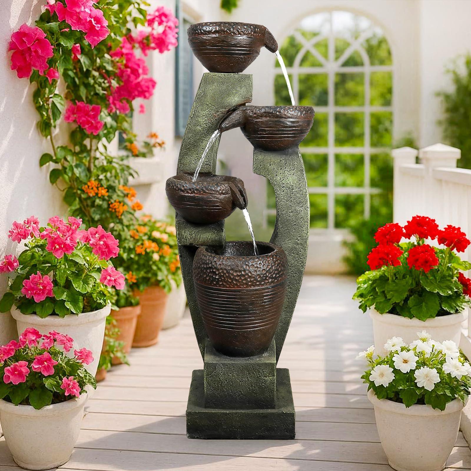 Naturefalls 40" Tall Outdoor Water Fountain and Waterfalls - Large Garden Fountain with LED Lights, 4-Tier Crocks, Indoor and Outdoor Fountains for Garden, Patio, Deck, Porch, Backyard and Home, Gray - Unique Gift Market