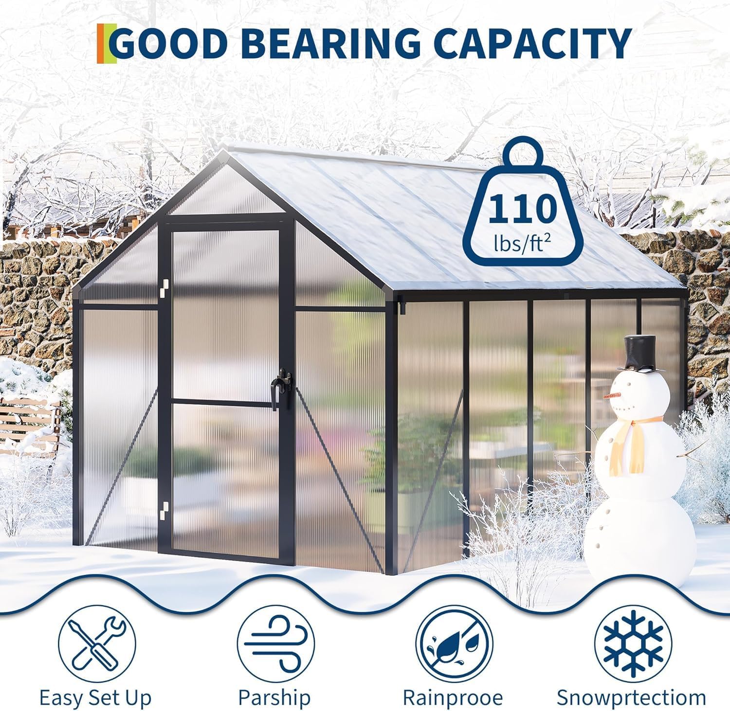 6×8FT Greenhouses for Outdoors, Aluminum Polycarbonate Greenhouses with Roof Vent - Heavy-Duty Walk-in Green Houses for All-Season Backyard Gardening