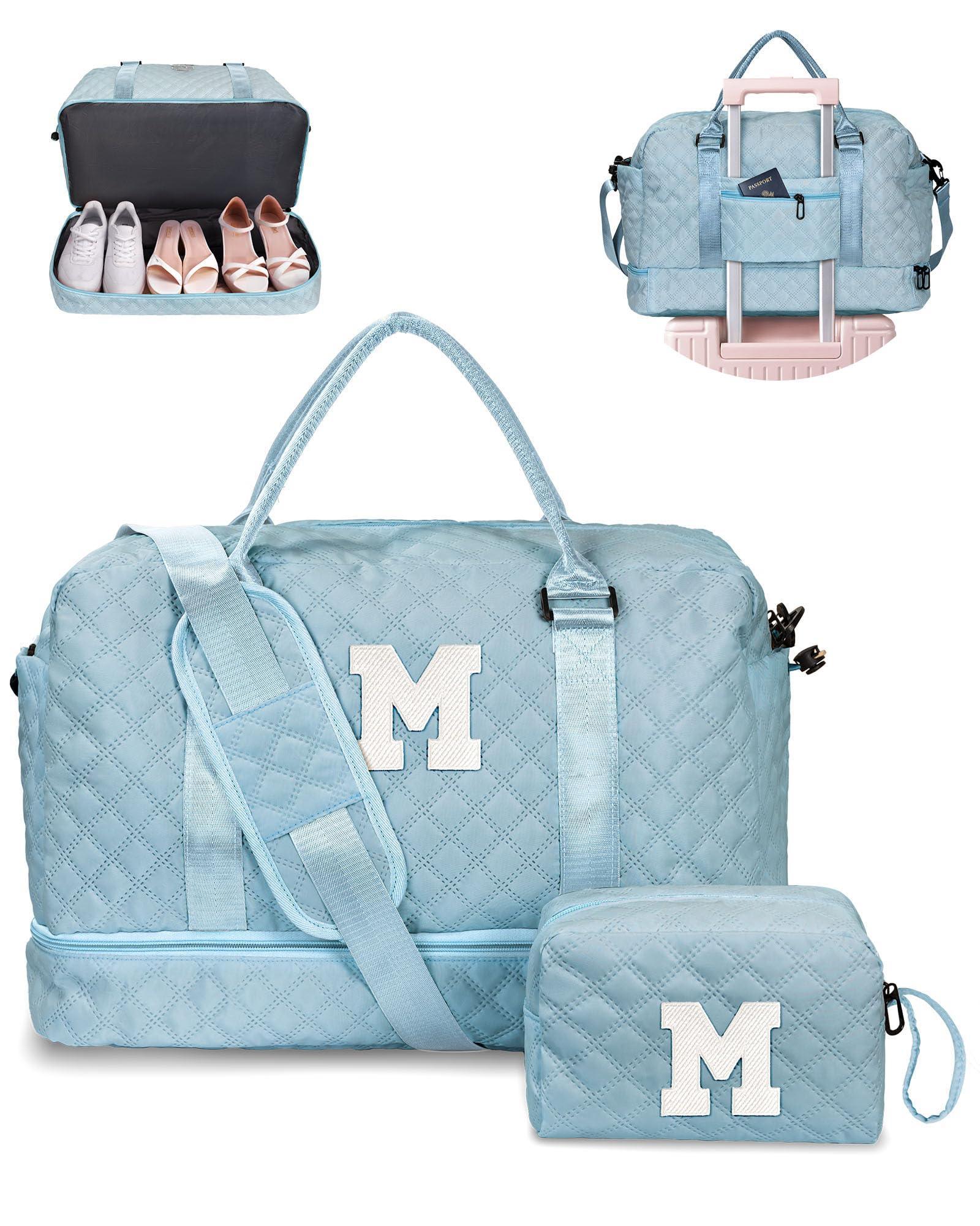 Birthday Gift-Initial Duffle Bag with Shoe Compartment, Personalized Weekender Bag, Monogram Overnight Bag for Women with Trolley Sleeve & Wet Pocket, Travel Bag with Makeup Bag (Letter K) - Unique Gift Market