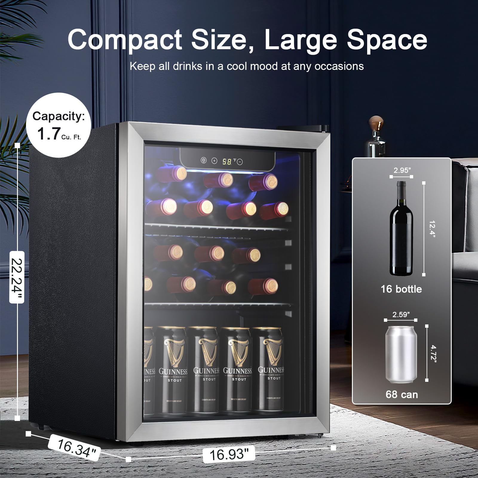 Antarctic Star 18L Beverage Refrigerator Cooler 24Can, Mini Fridge with Quiet Compressor, LED Light,Freestanding Small Fridge with Electronic Temperature Control for Home and Bar(40-61 ℉)