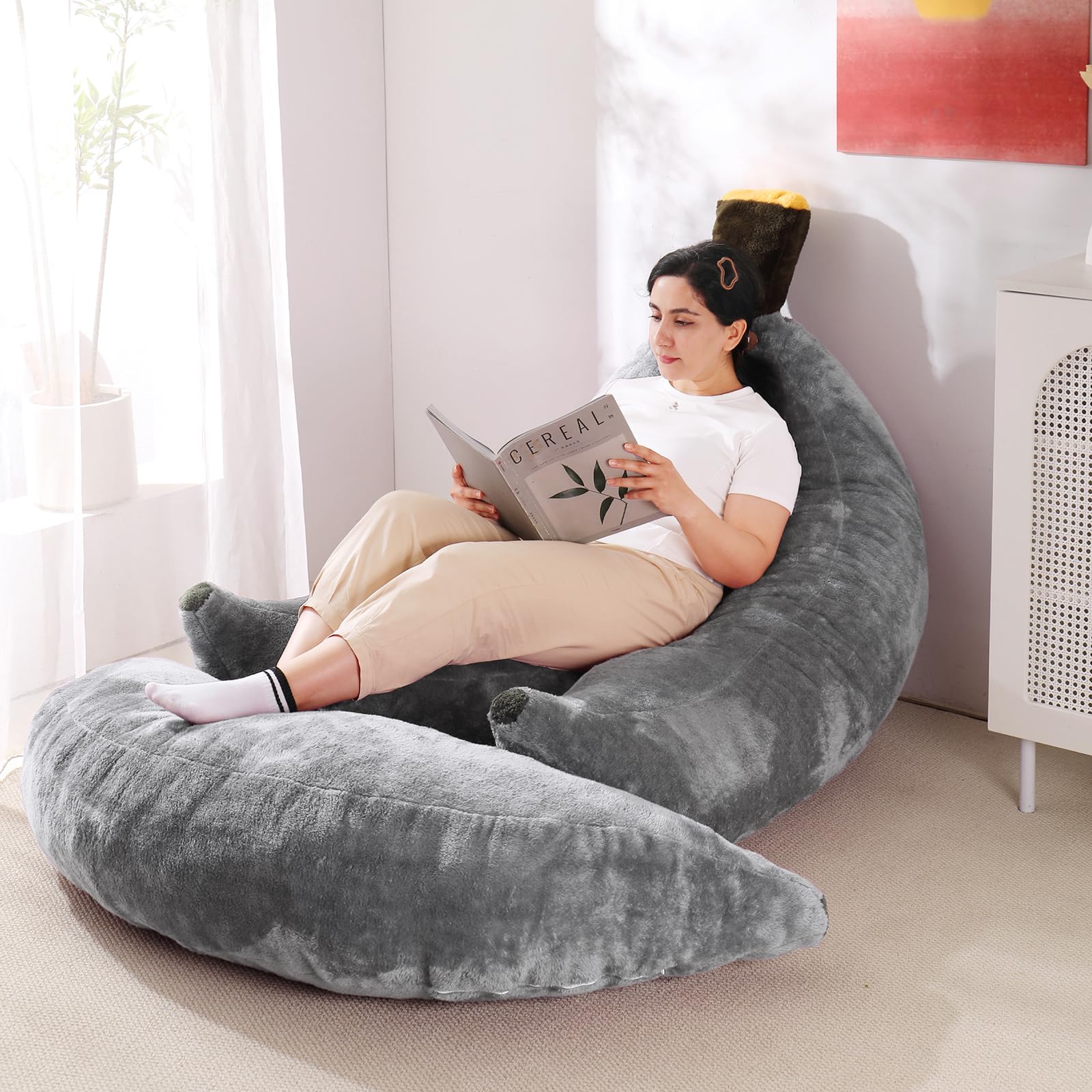 Banana Bean Bag Chair with Ottoman, Floor Sofa Bed with Footrest, Comfy Convertible Lounger for Teens & Adults, Plush Couch for Bedroom, Living Room or Dorm, M-Yellow