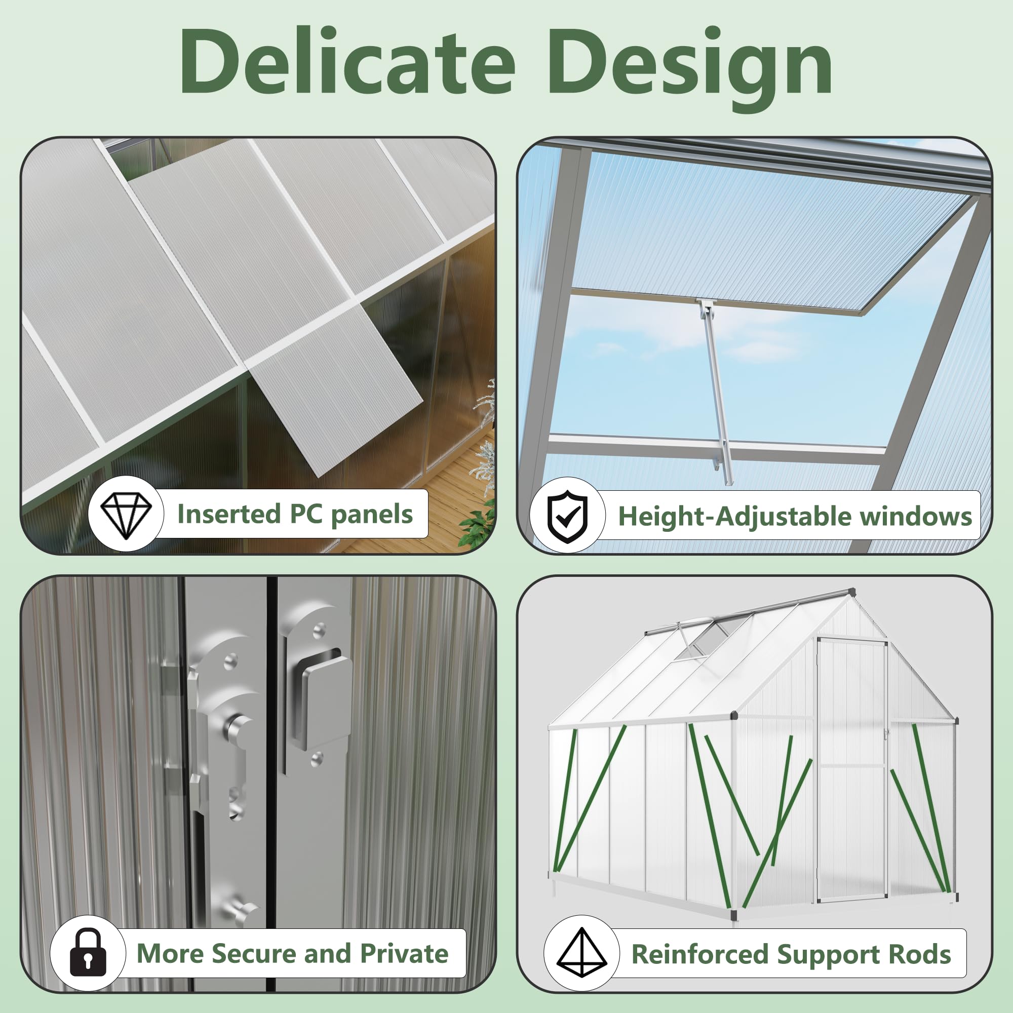 6’ x 9’ Greenhouse for Outdoors, Windproof Robust Aluminum Walk-in Greenhouse with Roof Vent Window for Garden, Backyards Plants, Easy Assembly, Silver