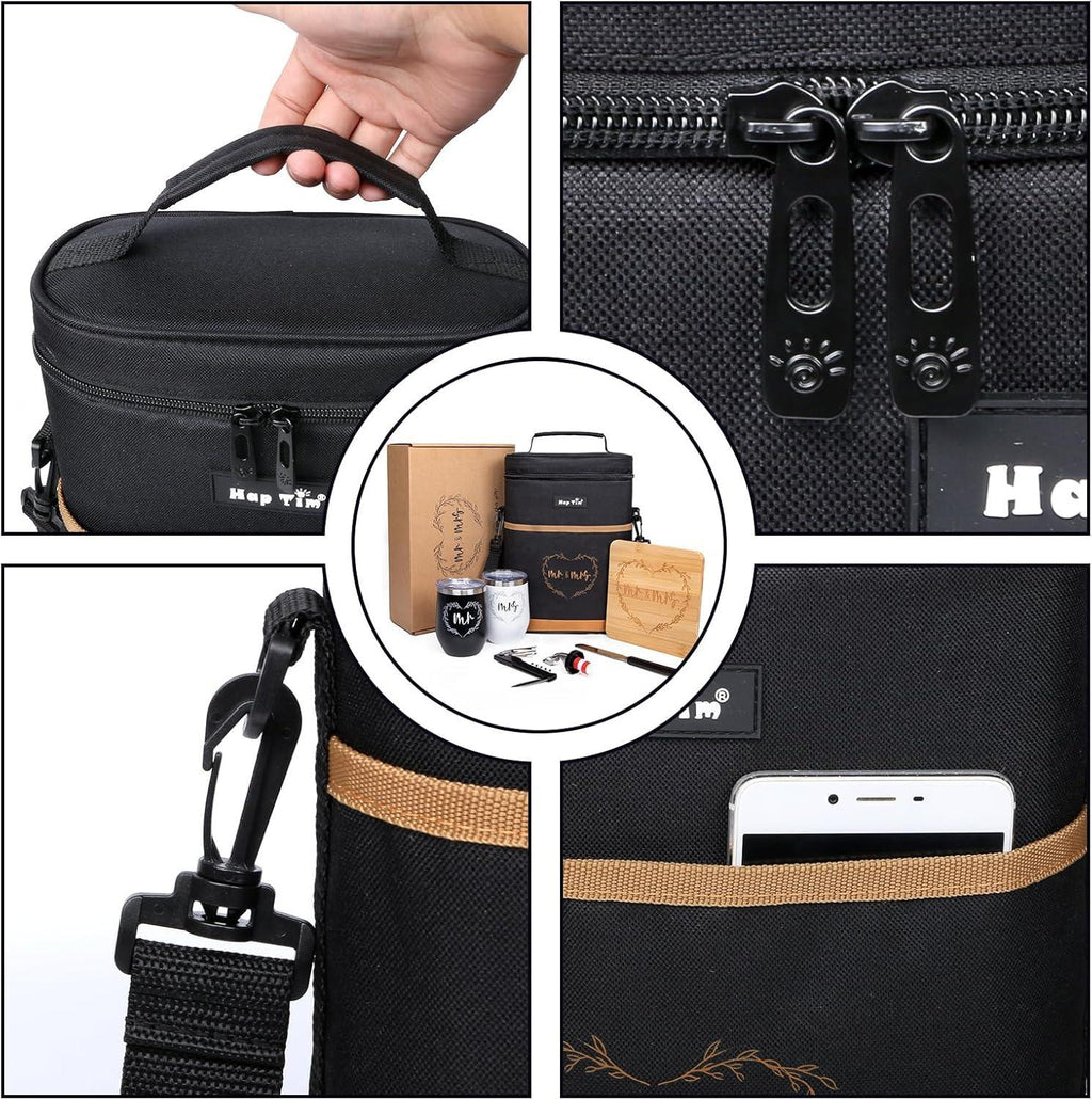 Hap Tim Wedding Gifts for Couples, Bridal Shower Gifts, Engagement Gifts for Newlyweds, Mr and Mrs gifts - Wine Cooler Bag Insulated Wine Carrier Tote with Tumblers, Bamboo Cheese Borad - Unique Gift Market