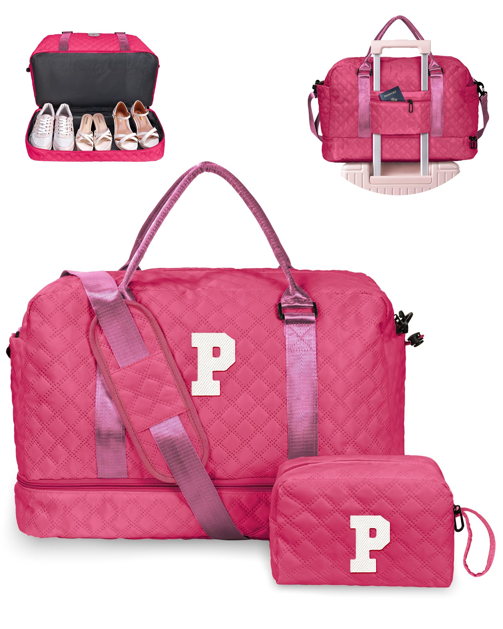 Birthday Gift-Initial Duffle Bag with Shoe Compartment, Personalized Weekender Bag, Monogram Overnight Bag for Women with Trolley Sleeve & Wet Pocket, Travel Bag with Makeup Bag (Letter K)