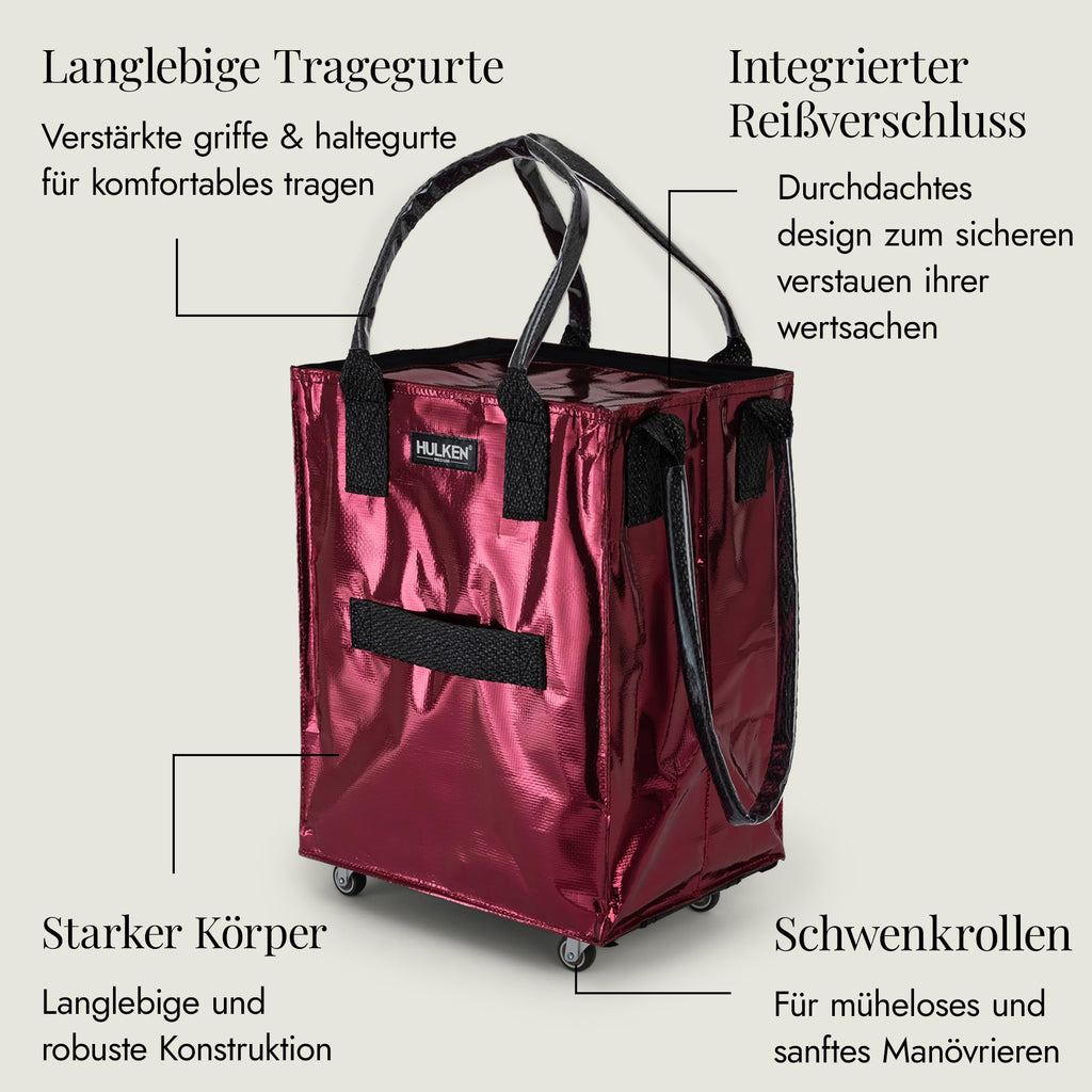 (Medium, Rose Gold) Reusable Grocery Bag On Wheels, Shopping Trolley, Rolling Tote, Zipper Closure, Lightweight, Carries Up to 66 lb, Folds Flat, Unbreakable Handles