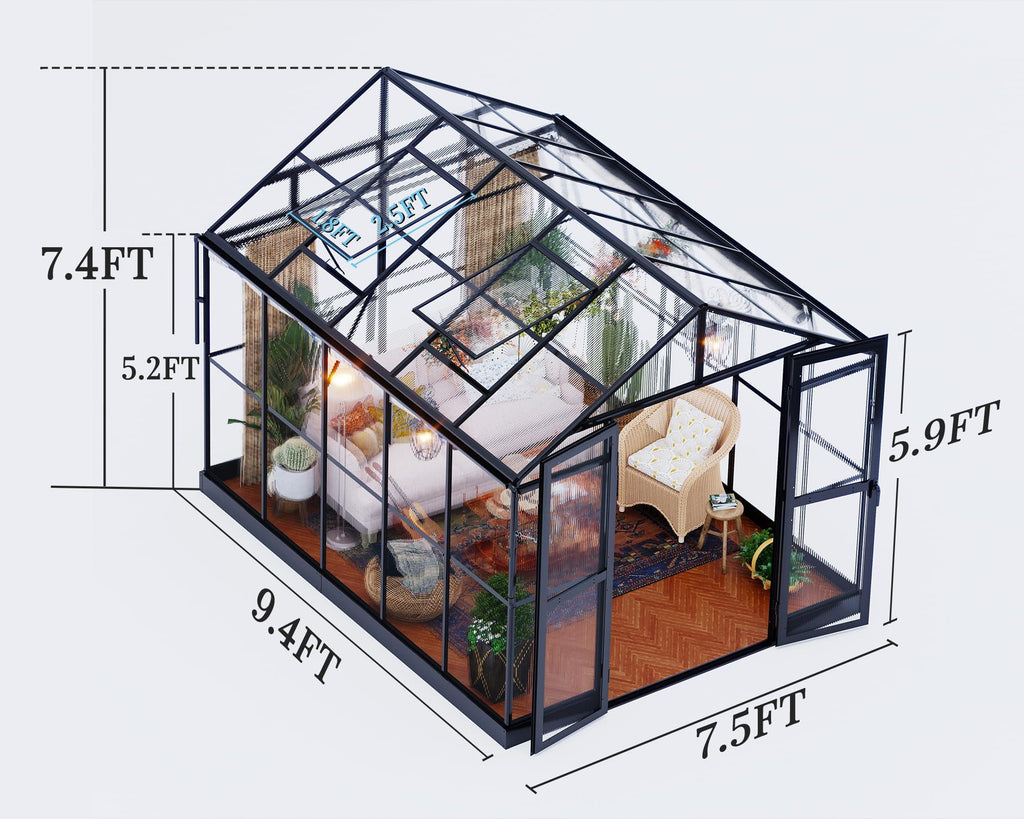 Jocisland 8x12x7.5 FT Greenhouse - Outdoor Aluminum Polycarbonate Greenhouse with Ventilation and Rain Gutter, 4 Swing Doors with Hook, Walk in Greenhouse for Outdoors Backyard Garden, Black - Unique Gift Market