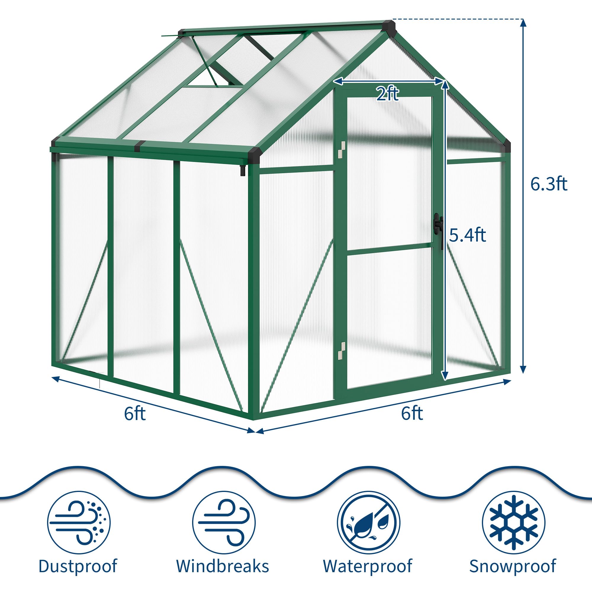 8×10 FT Greenhouse, Large Walk in Greenhouses for Outdoors and Garden Planting, Polycarbonate Greenhouse with Enhanced Aluminum Frame, Green Houses with Quick Setup Structure and Roof Vent, Green