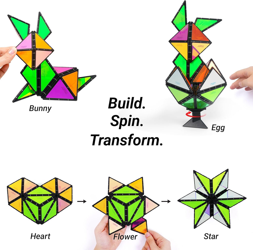 TOSY Magnet Pyramid Glow - 1 Cube Transforms into 1 Billion Shapes (Bunny, Egg Basket, Flowers, Heart), Easter Birthday Gift, 12 pcs, 243 Magnets, Glowing, Holographic Design, Puzzle/STEM Toy