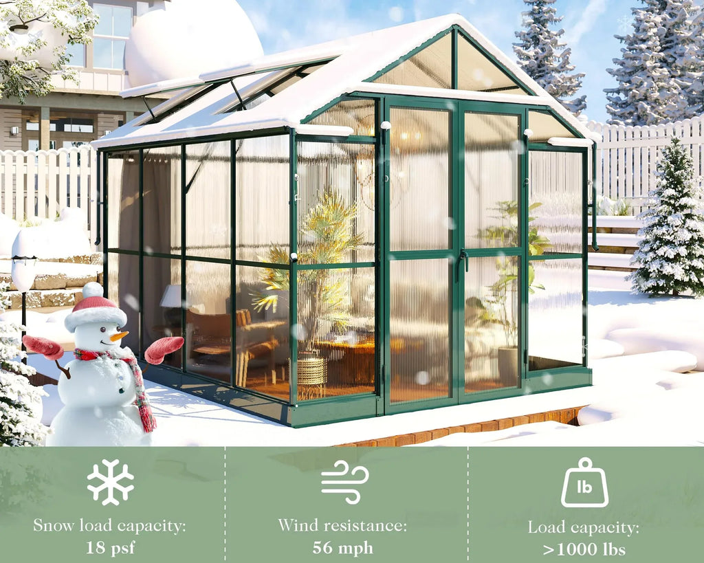 Jocisland 8x12x7.5 FT Greenhouse - Outdoor Aluminum Polycarbonate Greenhouse with Ventilation and Rain Gutter, 4 Swing Doors with Hook, Walk in Greenhouse for Outdoors Backyard Garden, Black - Unique Gift Market