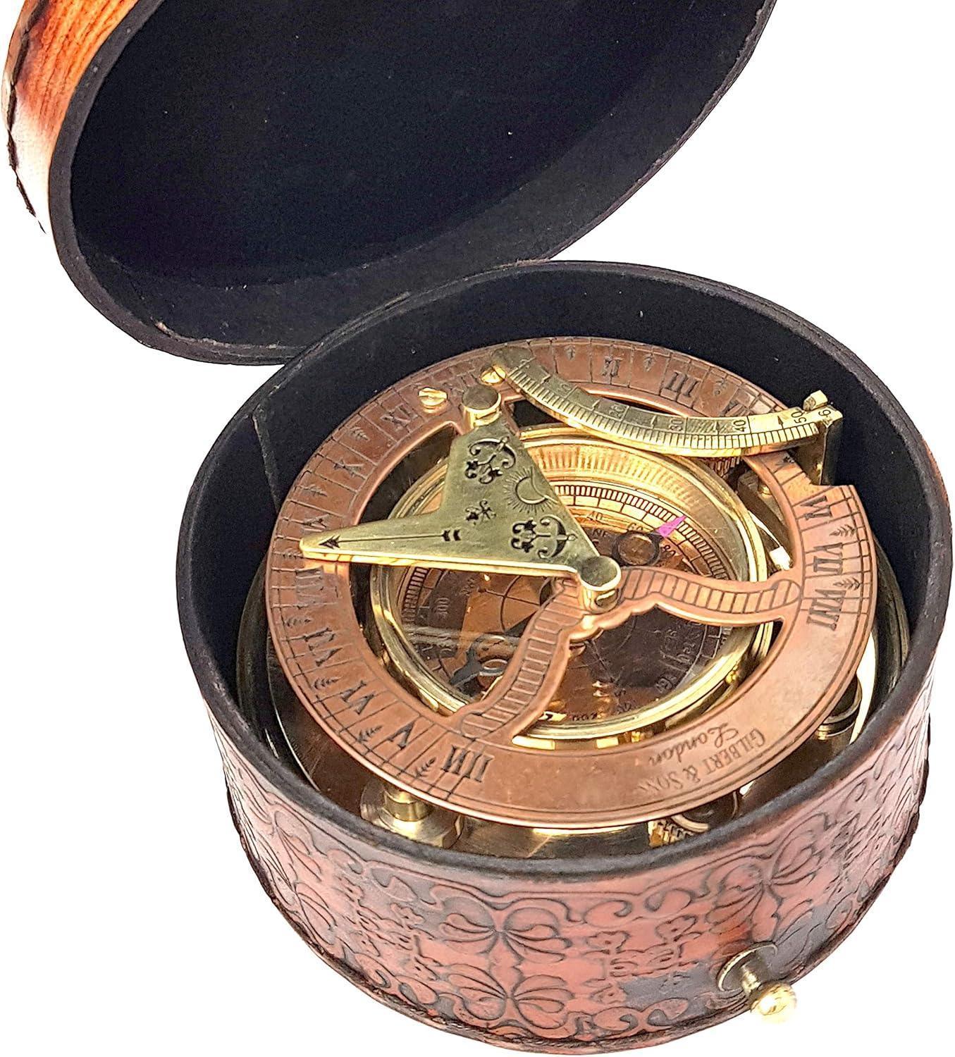 Brass Nautical - Antique Brass & Copper Sundial Compass, Sundial Clock in Box Gift Sun Clock Ship Replica Watch - Unique Gift Market