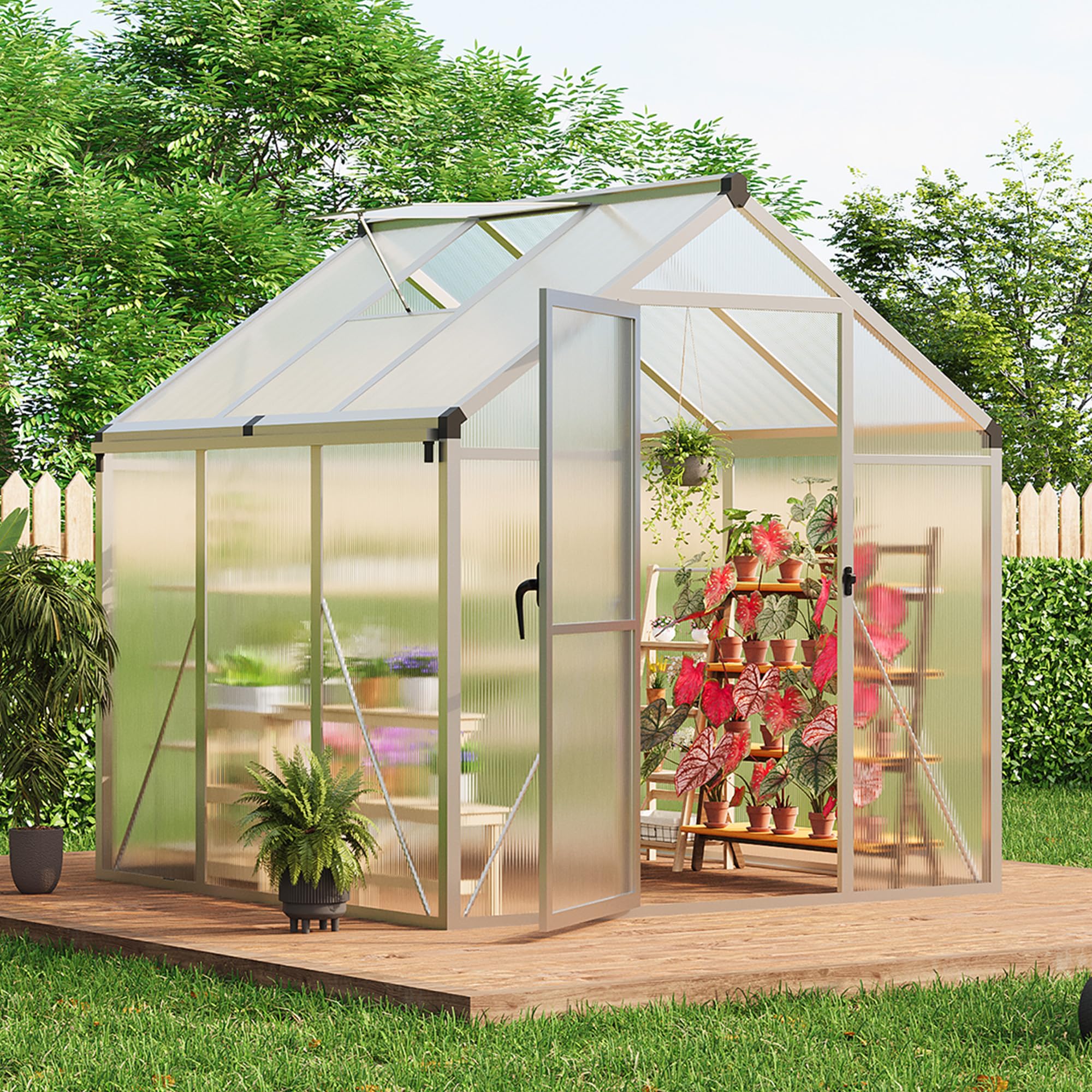 8×10 FT Greenhouse, Large Walk in Greenhouses for Outdoors and Garden Planting, Polycarbonate Greenhouse with Enhanced Aluminum Frame, Green Houses with Quick Setup Structure and Roof Vent, Green