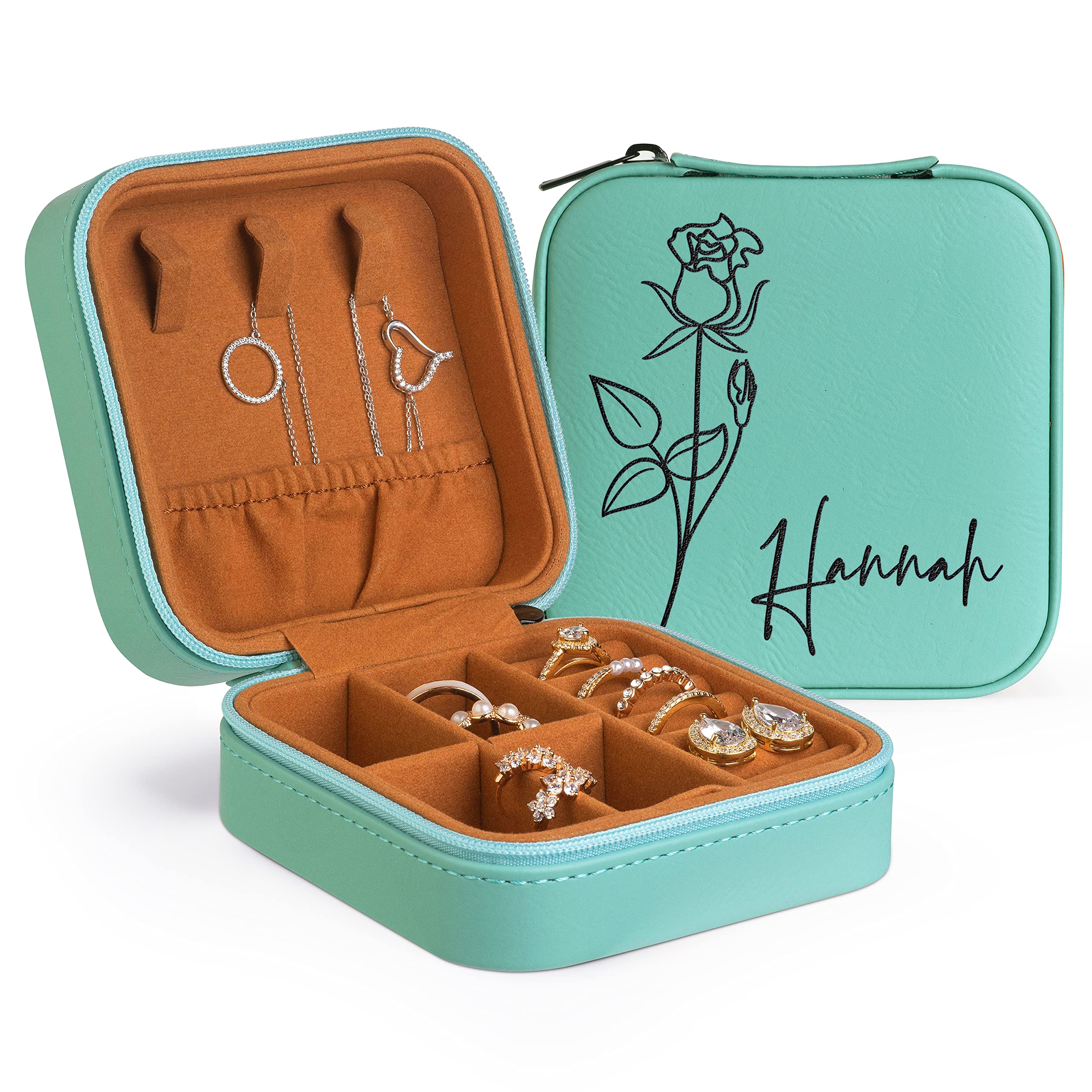 Custom Leather Jewelry Box w/Name & Birth Flower Month - Birthday Gifts for Women, Personalized Jewelry Travel Case - Customized Jewelry Organizer Box, Mom Birthday Gifts - Rustic
