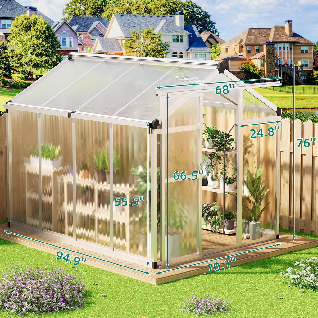 6×8FT Greenhouses for Outdoors, Aluminum Polycarbonate Greenhouses with Roof Vent - Heavy-Duty Walk-in Green Houses for All-Season Backyard Gardening