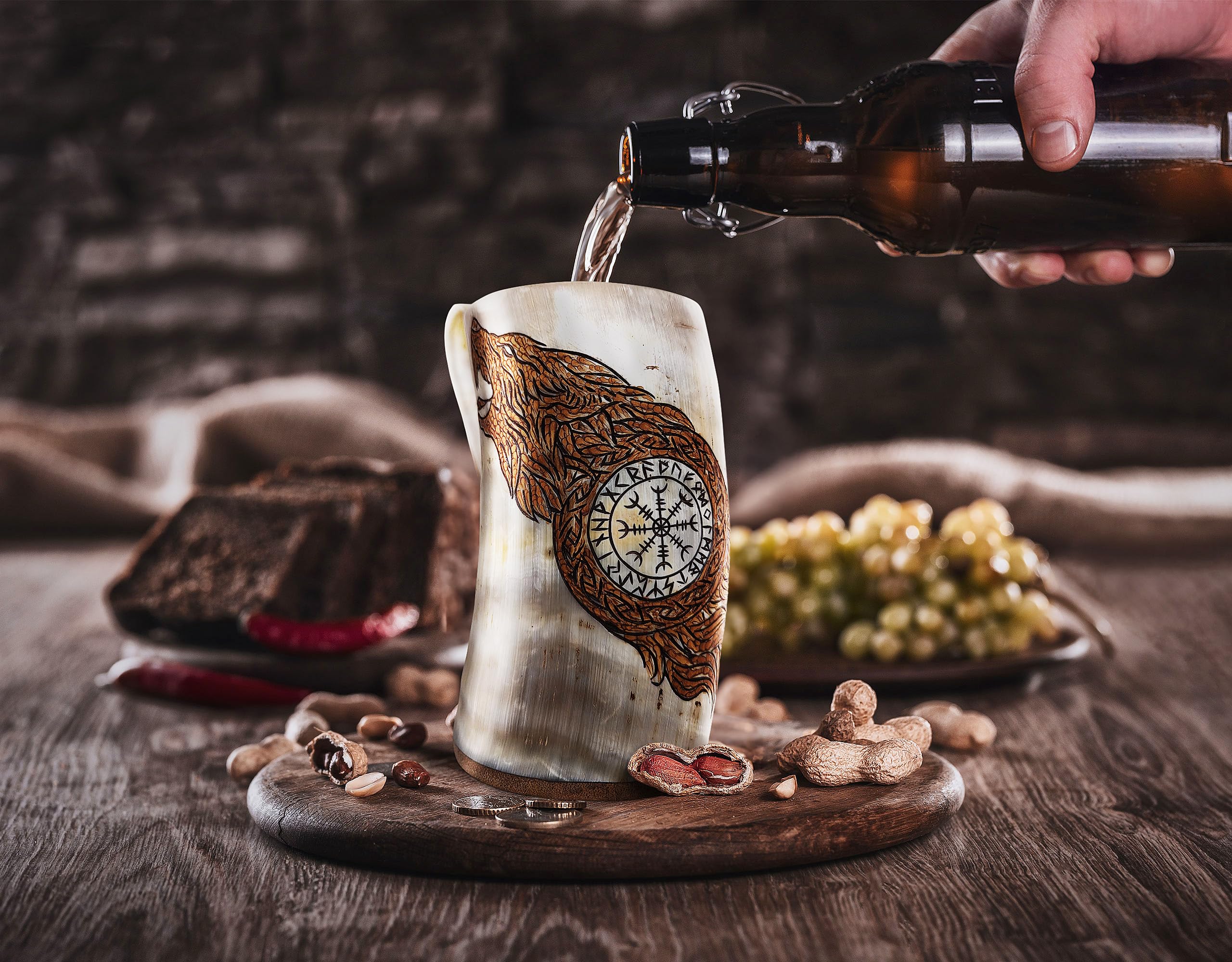 Norse Tradesman Original LG Viking Drinking Horn Mug - 100% Authentic Beer Horn Tankard With Natural Surface & Burlap Gift Sack | The Original, Low Polish, approx. 16 oz
