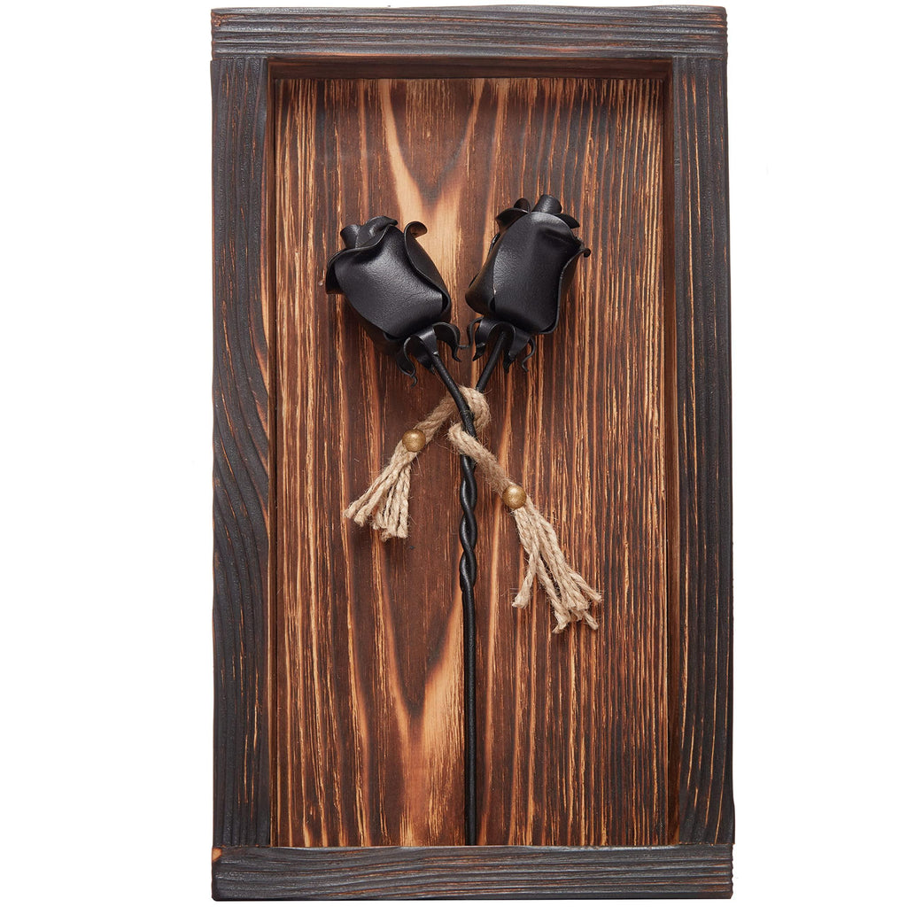 NOVECRAFTO Set of 2 Forged Iron Roses Twisted Together Forever - Placed in Mountable Wooden Frame - Unique 3D Gift - Unique Gift Market