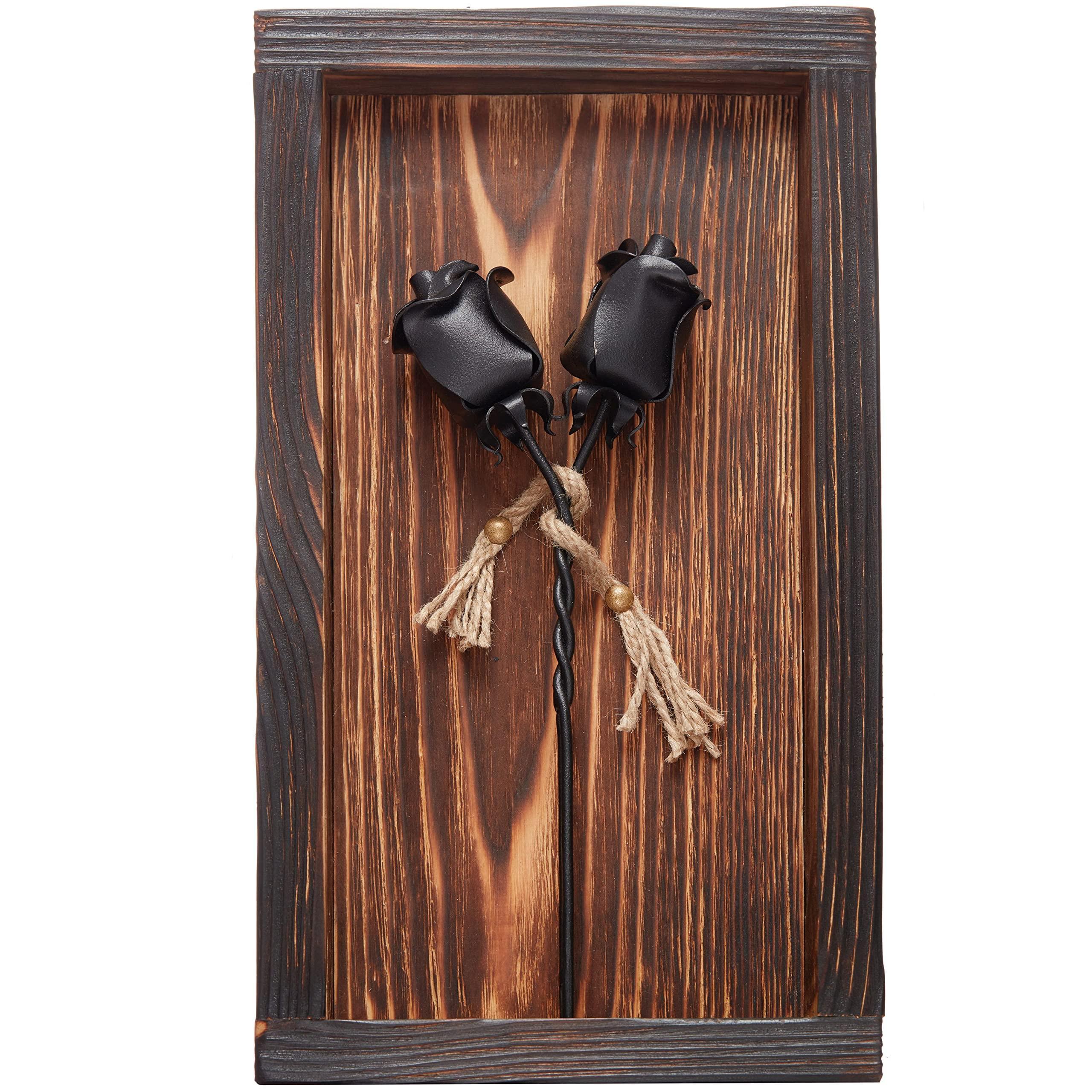 NOVECRAFTO Set of 2 Forged Iron Roses Twisted Together Forever - Placed in Mountable Wooden Frame - Unique 3D Gift - Unique Gift Market
