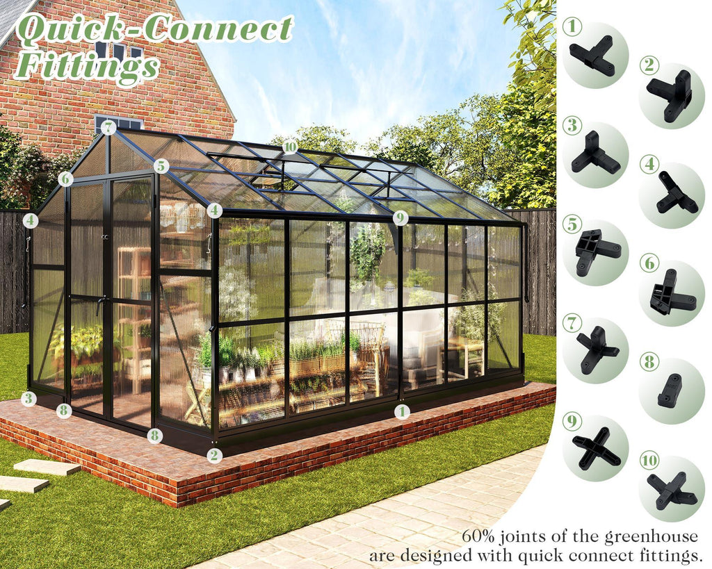 Jocisland 8x12x7.5 FT Greenhouse - Outdoor Aluminum Polycarbonate Greenhouse with Ventilation and Rain Gutter, 4 Swing Doors with Hook, Walk in Greenhouse for Outdoors Backyard Garden, Black - Unique Gift Market