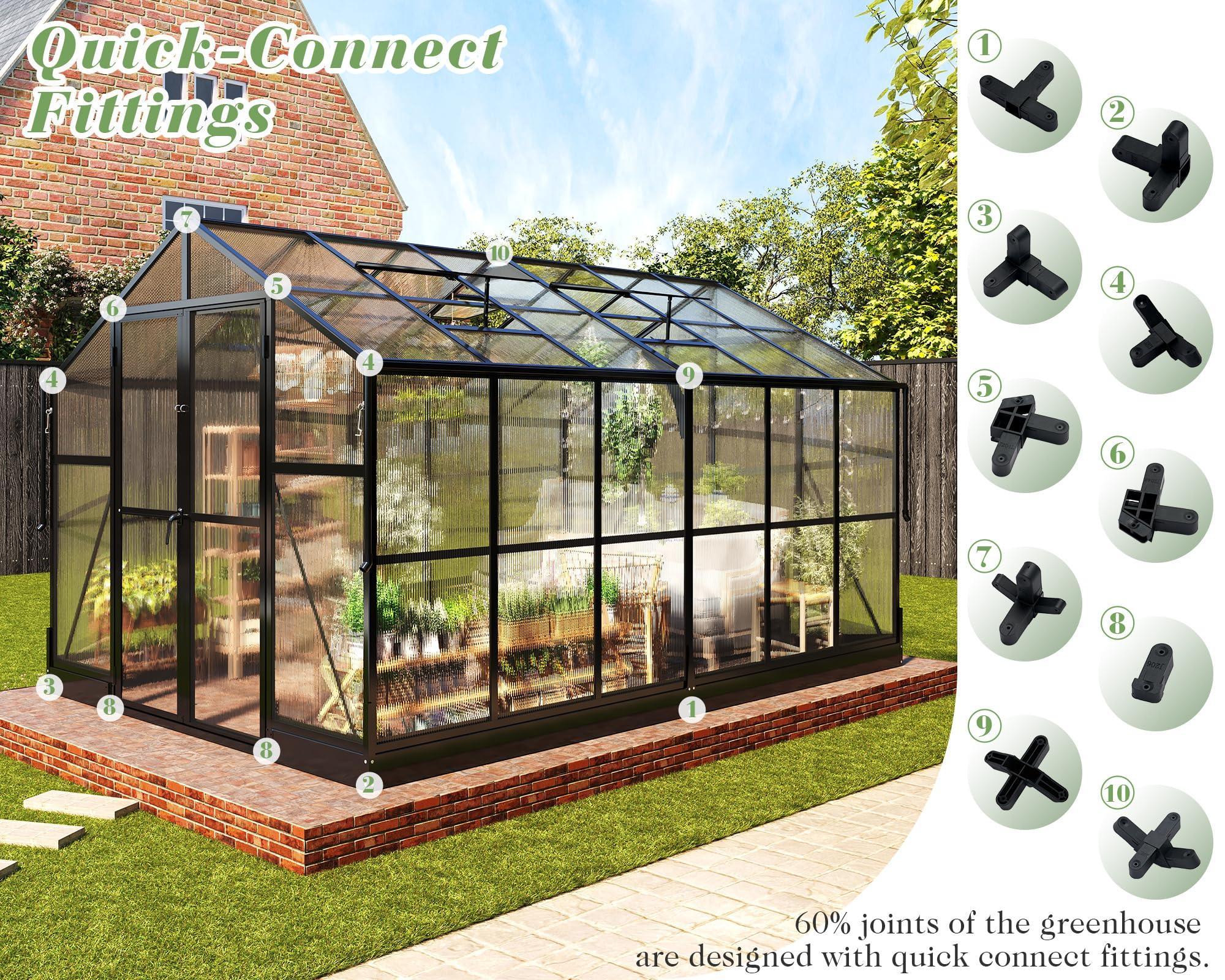 Jocisland 8x12x7.5 FT Greenhouse - Outdoor Aluminum Polycarbonate Greenhouse with Ventilation and Rain Gutter, 4 Swing Doors with Hook, Walk in Greenhouse for Outdoors Backyard Garden, Black - Unique Gift Market