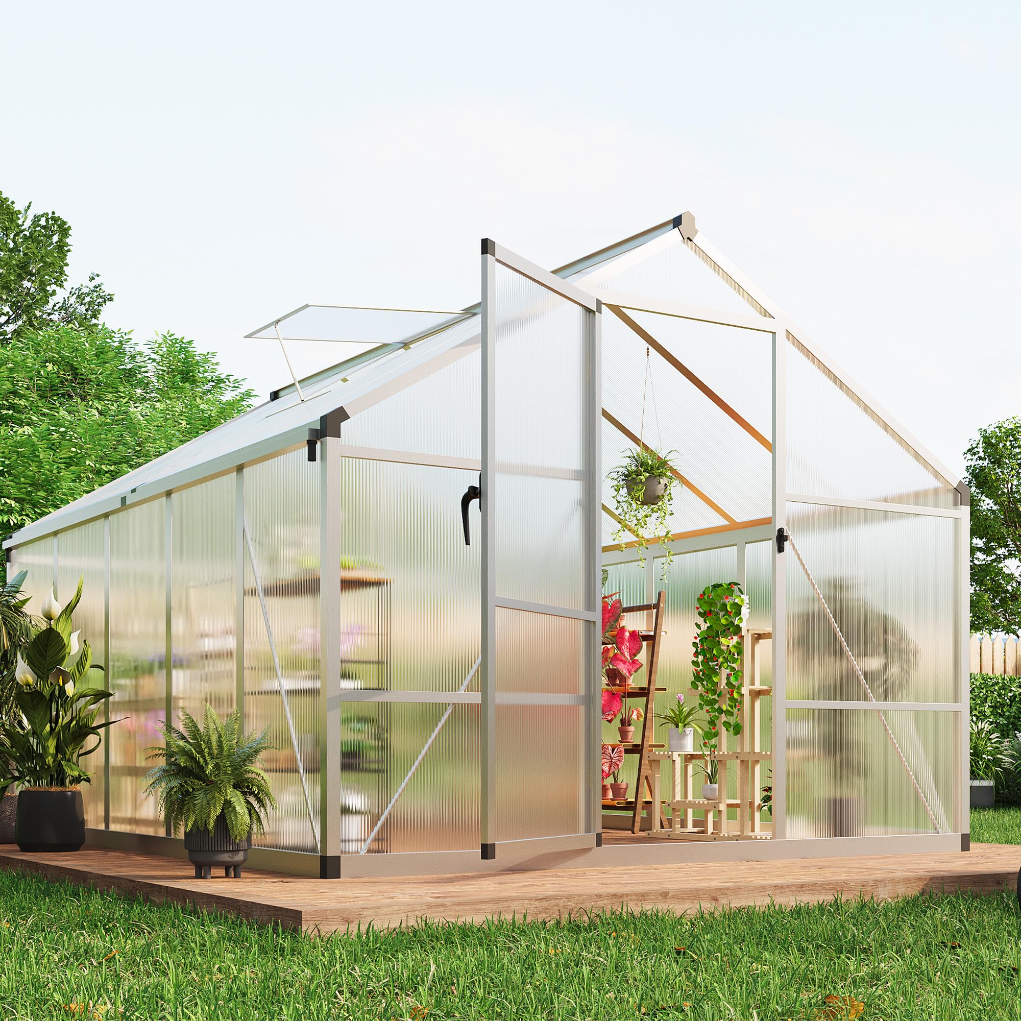8×10 FT Greenhouse, Large Walk in Greenhouses for Outdoors and Garden Planting, Polycarbonate Greenhouse with Enhanced Aluminum Frame, Green Houses with Quick Setup Structure and Roof Vent, Green