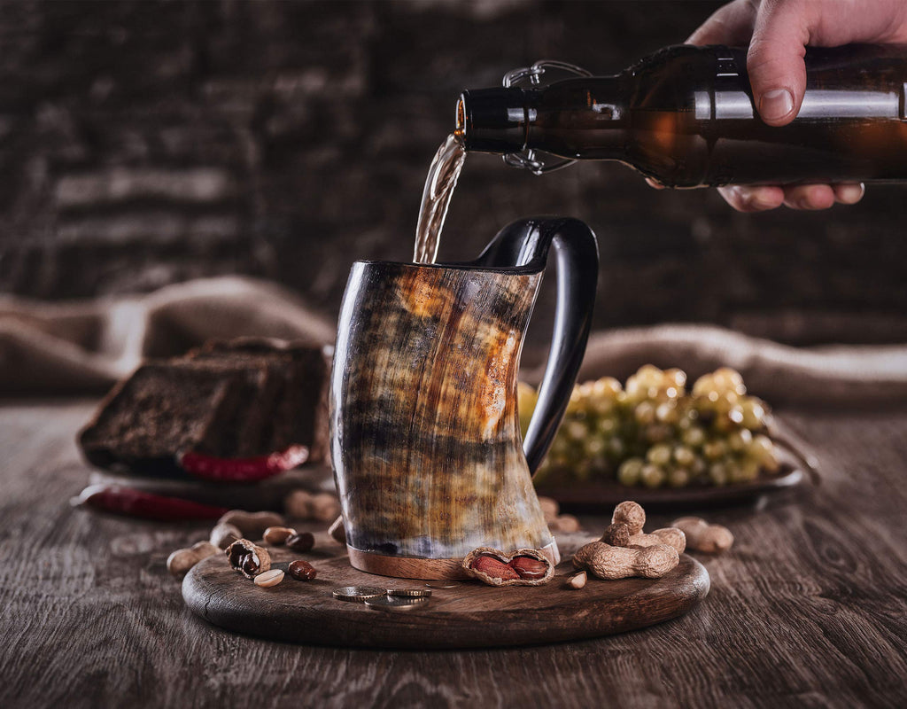 Norse Tradesman Original LG Viking Drinking Horn Mug - 100% Authentic Beer Horn Tankard With Natural Surface & Burlap Gift Sack | The Original, Low Polish, approx. 16 oz