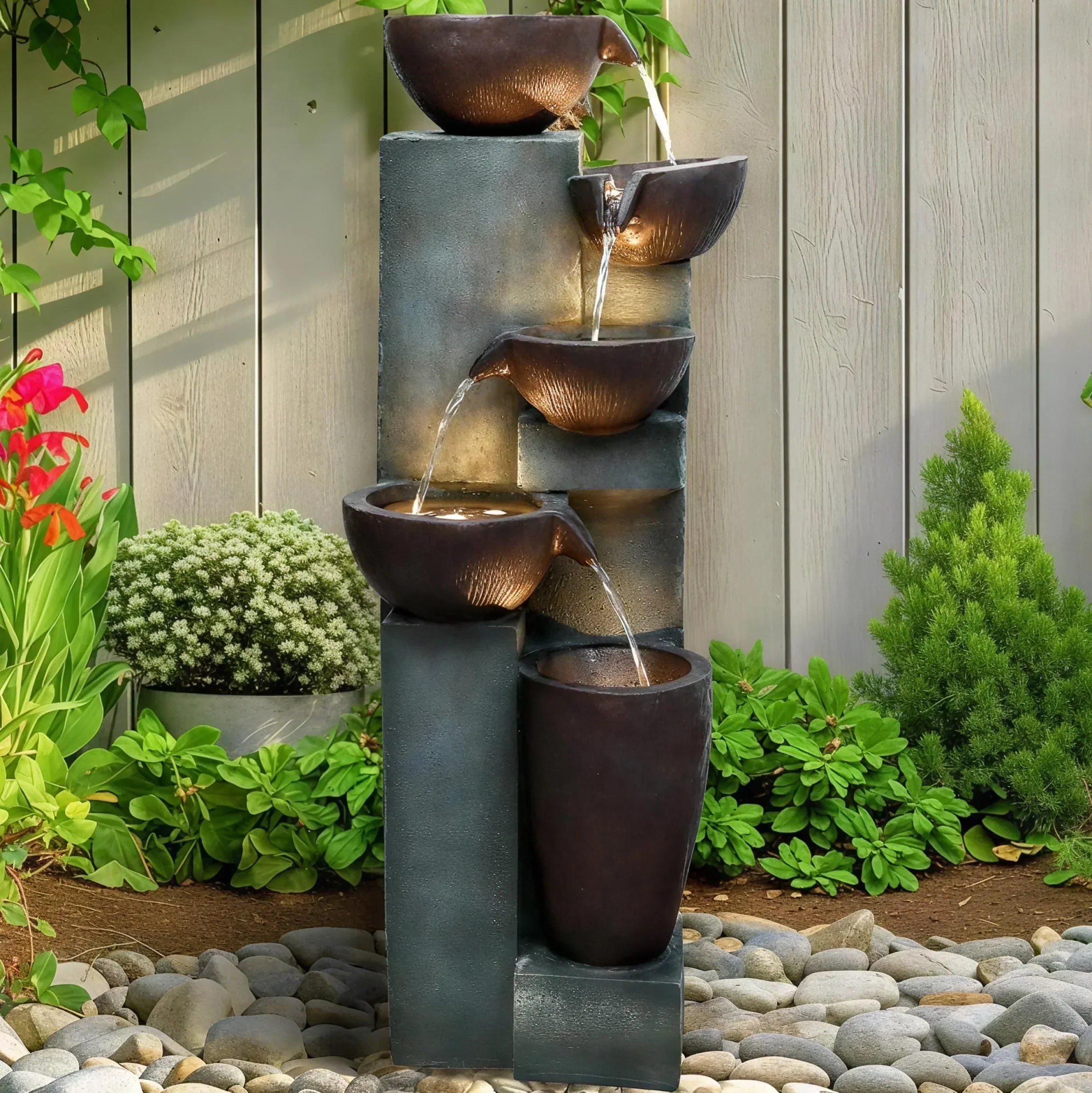 Naturefalls 40" Tall Outdoor Water Fountain and Waterfalls - Large Garden Fountain with LED Lights, 4-Tier Crocks, Indoor and Outdoor Fountains for Garden, Patio, Deck, Porch, Backyard and Home, Gray - Unique Gift Market