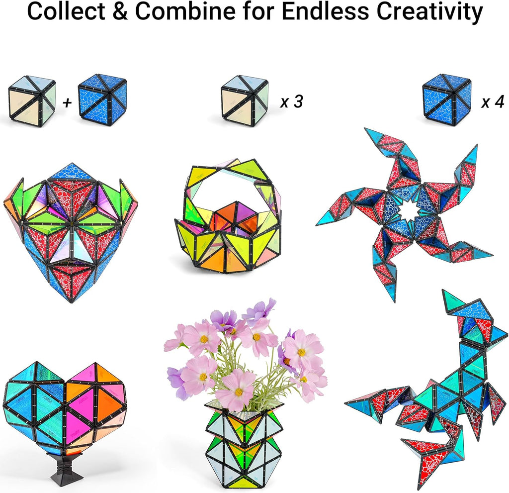 TOSY Magnet Pyramid Glow - 1 Cube Transforms into 1 Billion Shapes (Bunny, Egg Basket, Flowers, Heart), Easter Birthday Gift, 12 pcs, 243 Magnets, Glowing, Holographic Design, Puzzle/STEM Toy