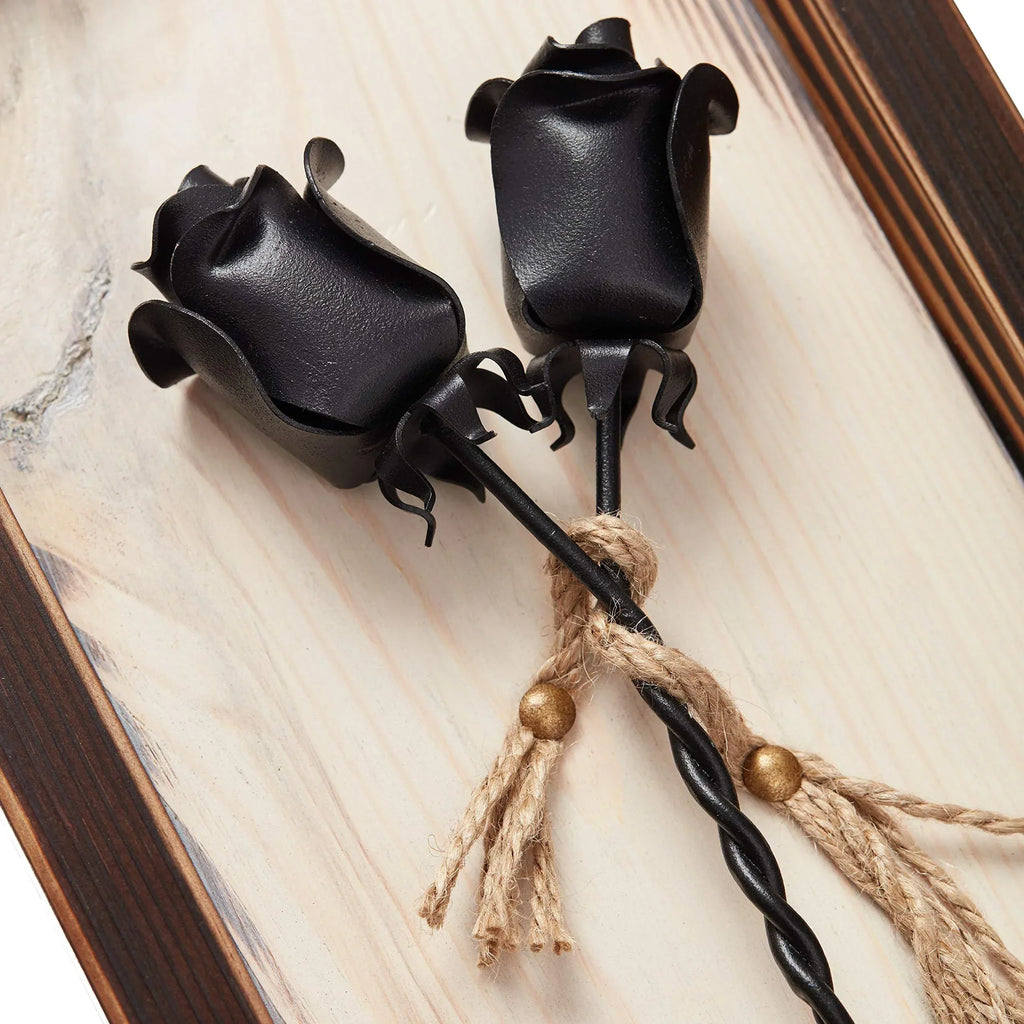 NOVECRAFTO Set of 2 Forged Iron Roses Twisted Together Forever - Placed in Mountable Wooden Frame - Unique 3D Gift - Unique Gift Market