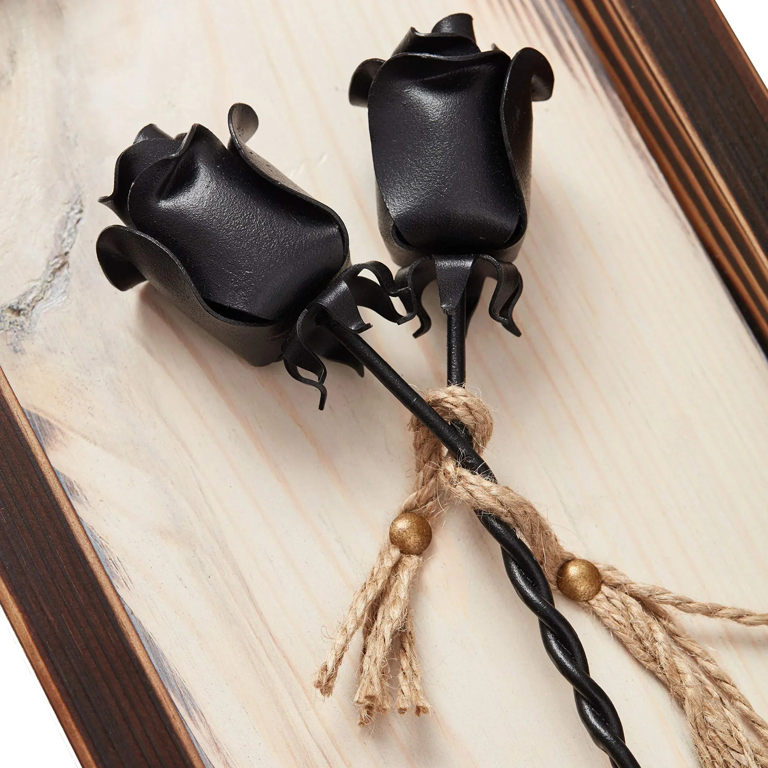 NOVECRAFTO Set of 2 Forged Iron Roses Twisted Together Forever - Placed in Mountable Wooden Frame - Unique 3D Gift - Unique Gift Market