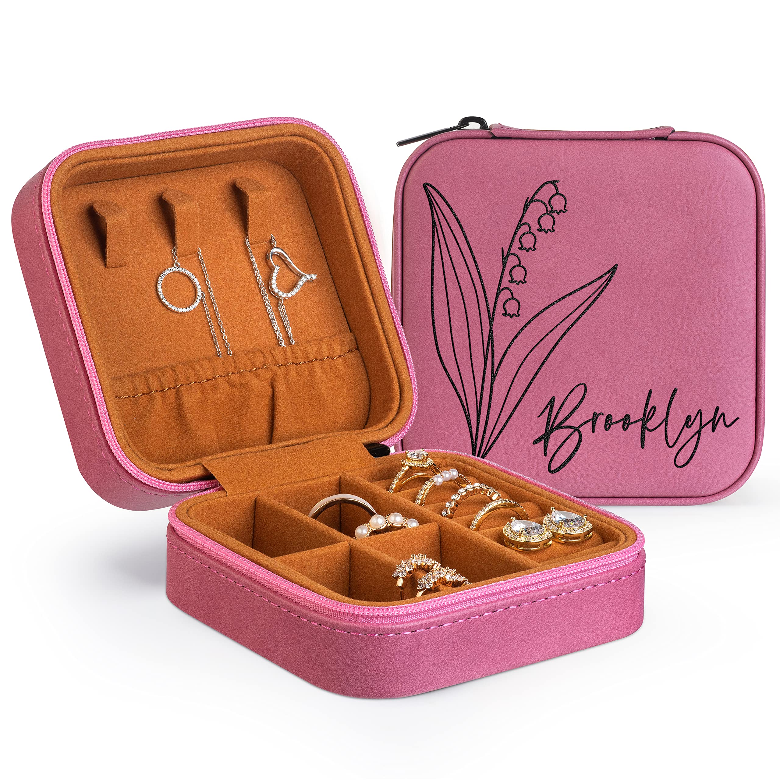 Custom Leather Jewelry Box w/Name & Birth Flower Month - Birthday Gifts for Women, Personalized Jewelry Travel Case - Customized Jewelry Organizer Box, Mom Birthday Gifts - Rustic