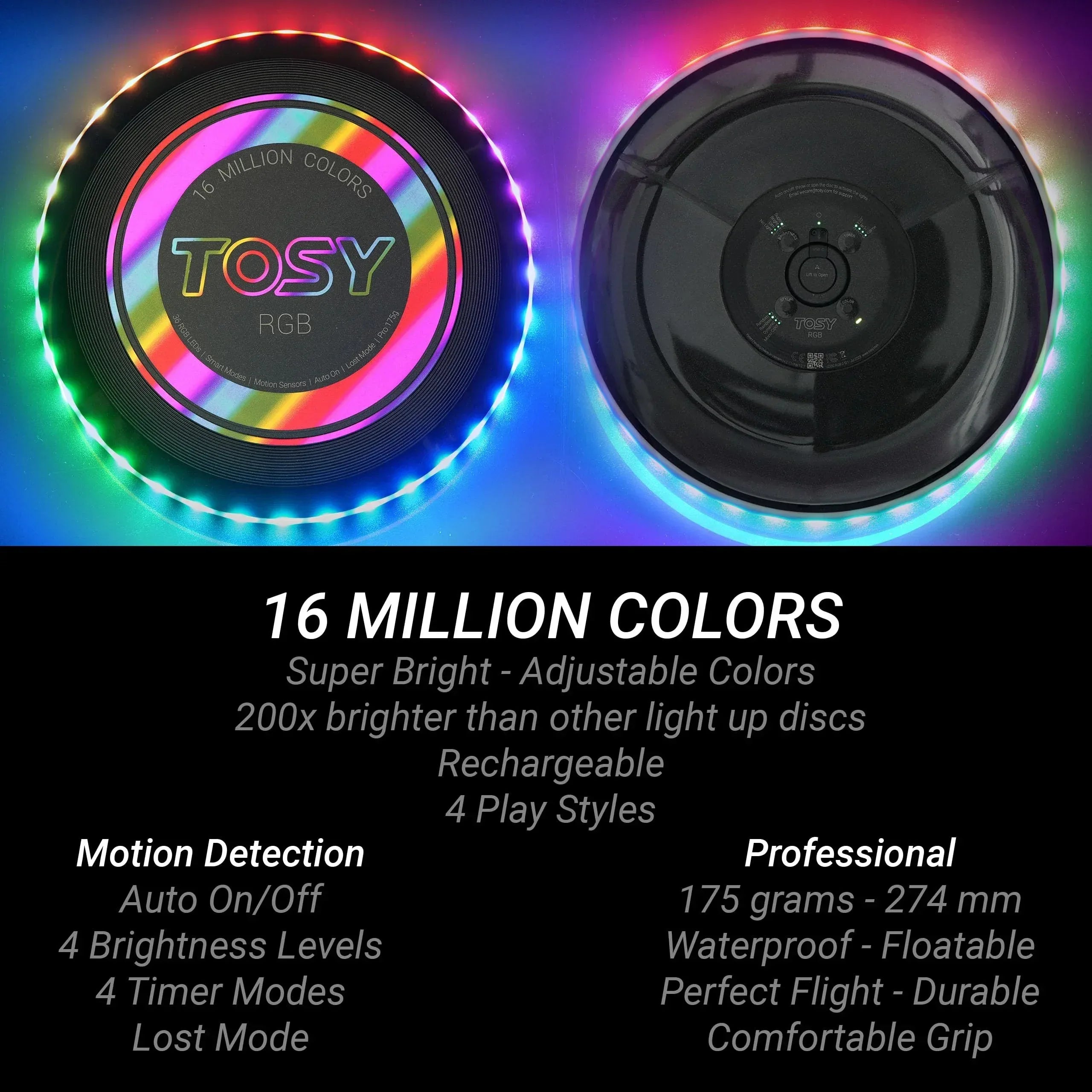 TOSY Flying Disc - 108 RGB Multicolor or 36 Monocolor LEDs, Super Bright, Smart Modes, Cool Valentine Easter Gift, Camping Toy for Kid/Teen/Adult, Auto Light Up, Rechargeable, Waterproof, 175g - Unique Gift Market
