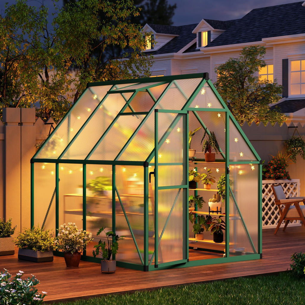 6×8FT Greenhouses for Outdoors, Aluminum Polycarbonate Greenhouses with Roof Vent - Heavy-Duty Walk-in Green Houses for All-Season Backyard Gardening