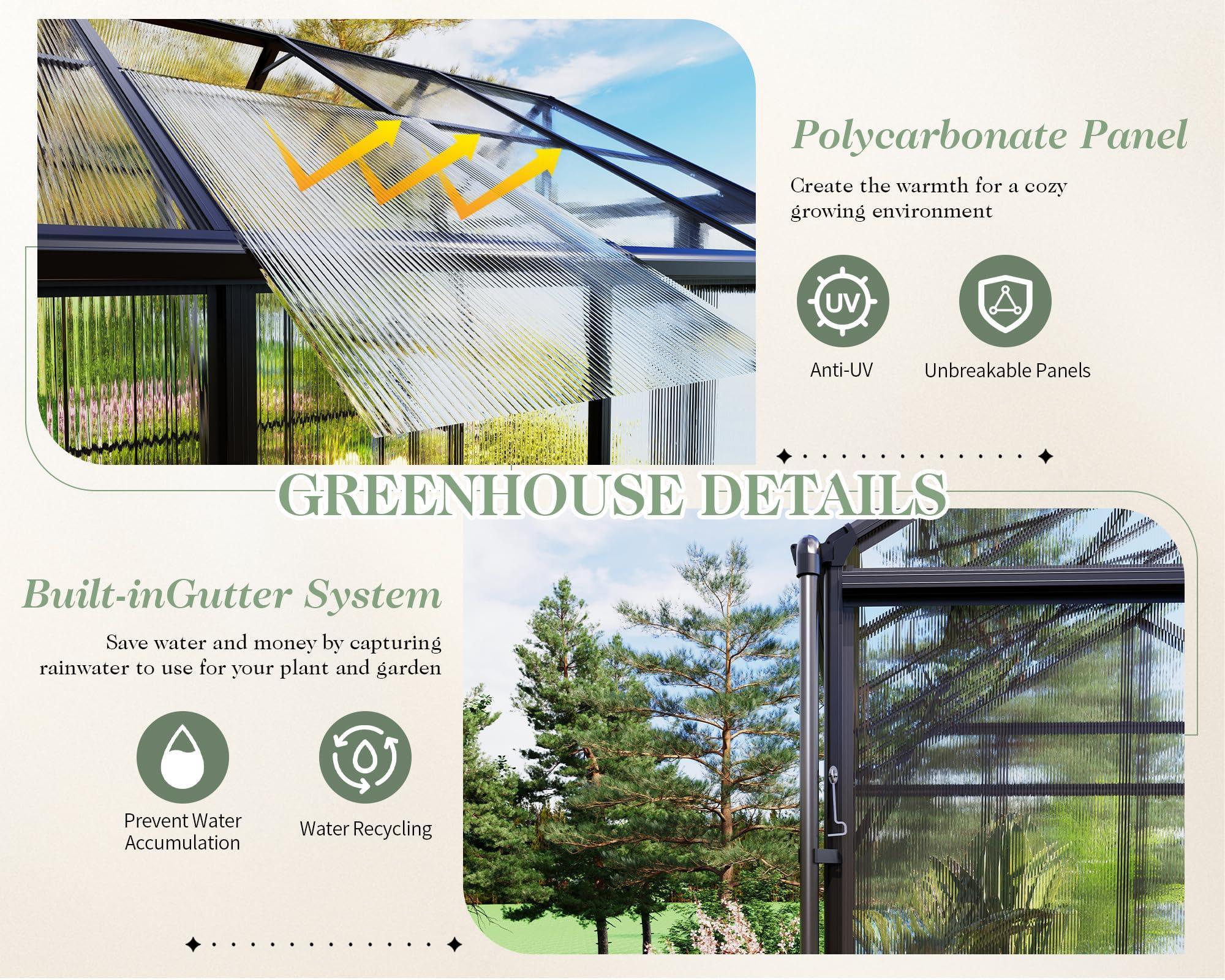 Jocisland 8x12x7.5 FT Greenhouse - Outdoor Aluminum Polycarbonate Greenhouse with Ventilation and Rain Gutter, 4 Swing Doors with Hook, Walk in Greenhouse for Outdoors Backyard Garden, Black - Unique Gift Market