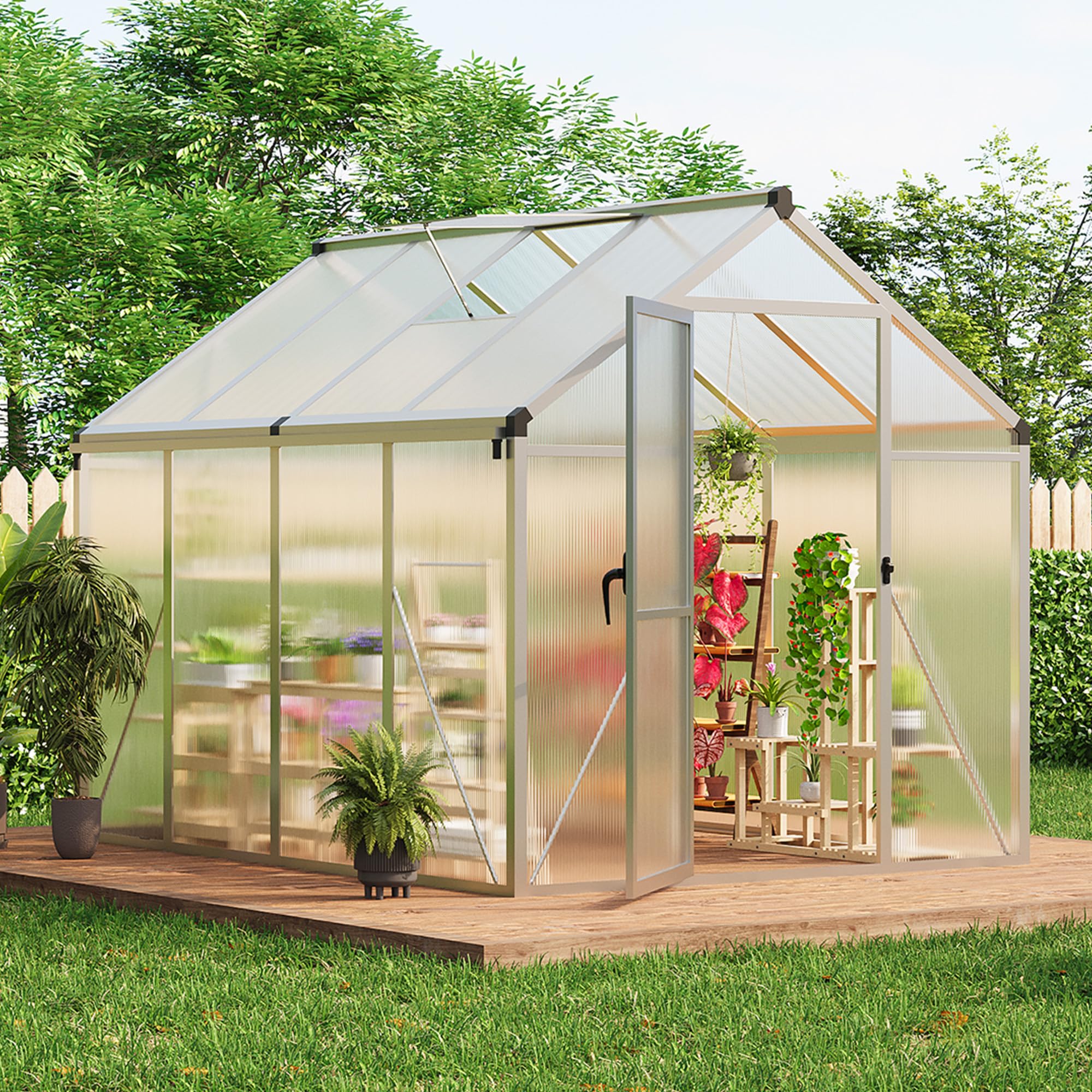 8×10 FT Greenhouse, Large Walk in Greenhouses for Outdoors and Garden Planting, Polycarbonate Greenhouse with Enhanced Aluminum Frame, Green Houses with Quick Setup Structure and Roof Vent, Green