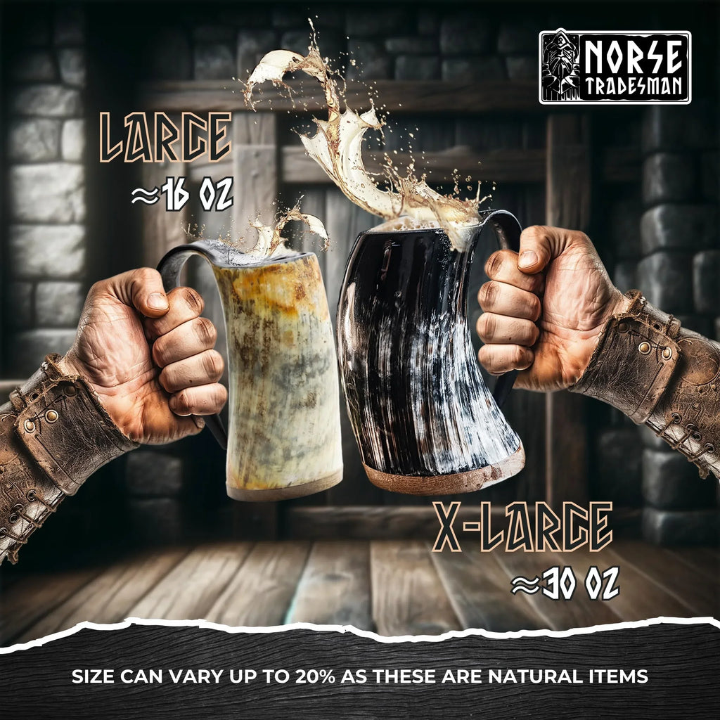 Norse Tradesman Original LG Viking Drinking Horn Mug - 100% Authentic Beer Horn Tankard With Natural Surface & Burlap Gift Sack | The Original, Low Polish, approx. 16 oz - Unique Gift Market