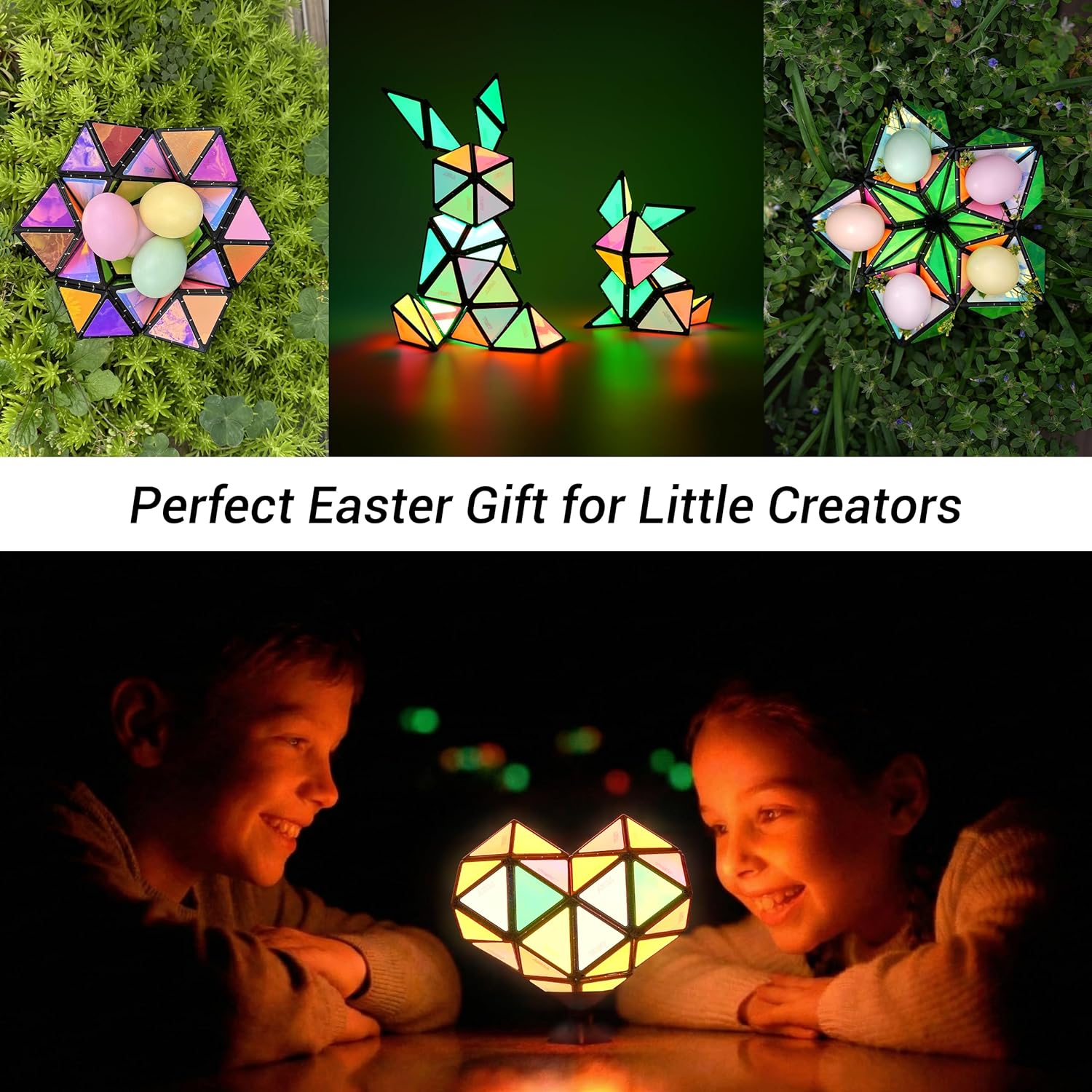 TOSY Magnet Pyramid Glow - 1 Cube Transforms into 1 Billion Shapes (Bunny, Egg Basket, Flowers, Heart), Easter Birthday Gift, 12 pcs, 243 Magnets, Glowing, Holographic Design, Puzzle/STEM Toy
