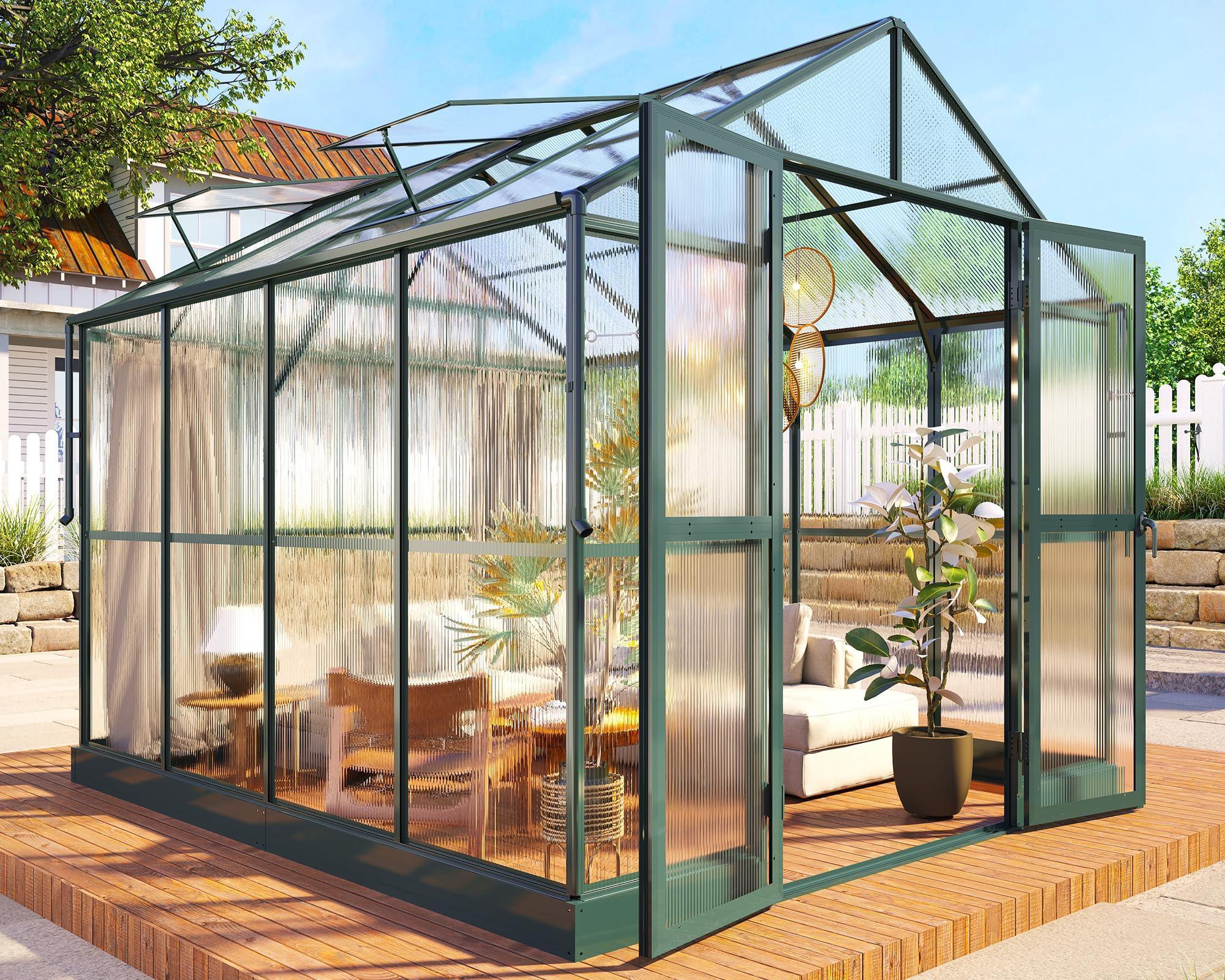 Jocisland 8x12x7.5 FT Greenhouse - Outdoor Aluminum Polycarbonate Greenhouse with Ventilation and Rain Gutter, 4 Swing Doors with Hook, Walk in Greenhouse for Outdoors Backyard Garden, Black - Unique Gift Market