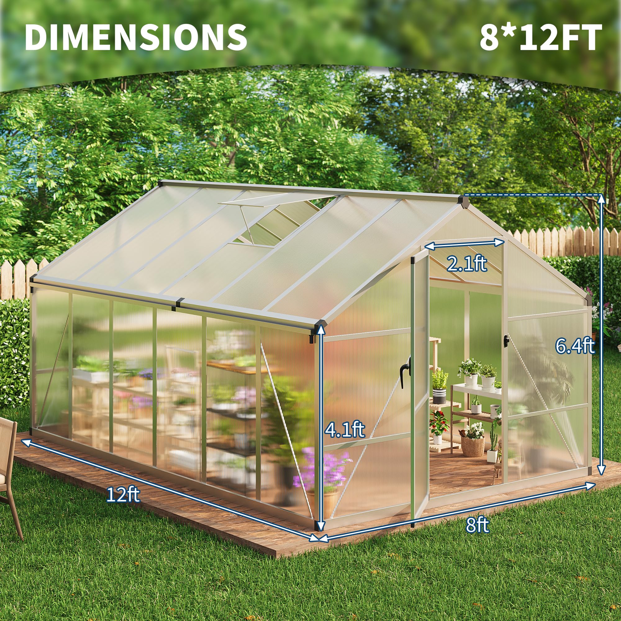 8×10 FT Greenhouse, Large Walk in Greenhouses for Outdoors and Garden Planting, Polycarbonate Greenhouse with Enhanced Aluminum Frame, Green Houses with Quick Setup Structure and Roof Vent, Green