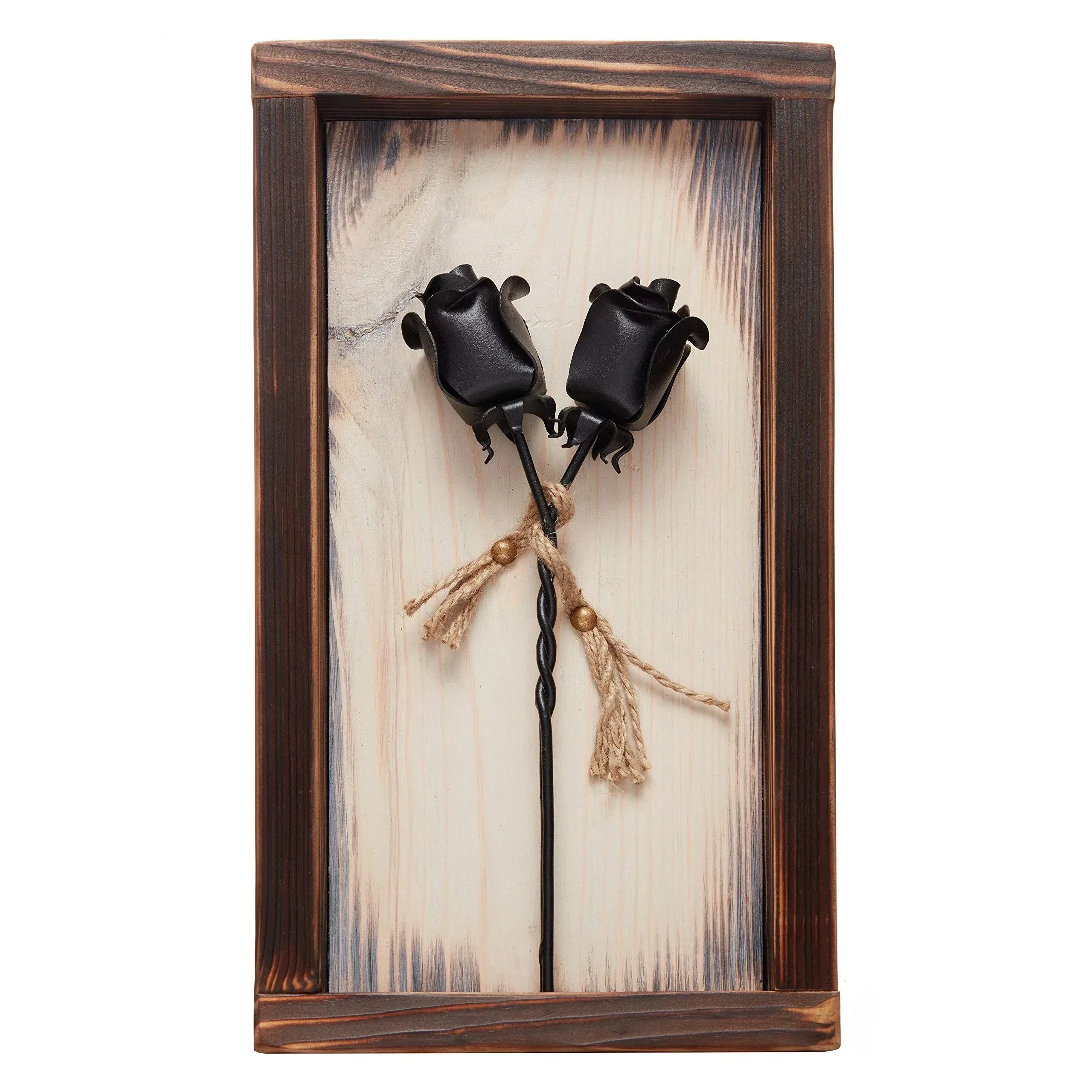 NOVECRAFTO Set of 2 Forged Iron Roses Twisted Together Forever - Placed in Mountable Wooden Frame - Unique 3D Gift - Unique Gift Market